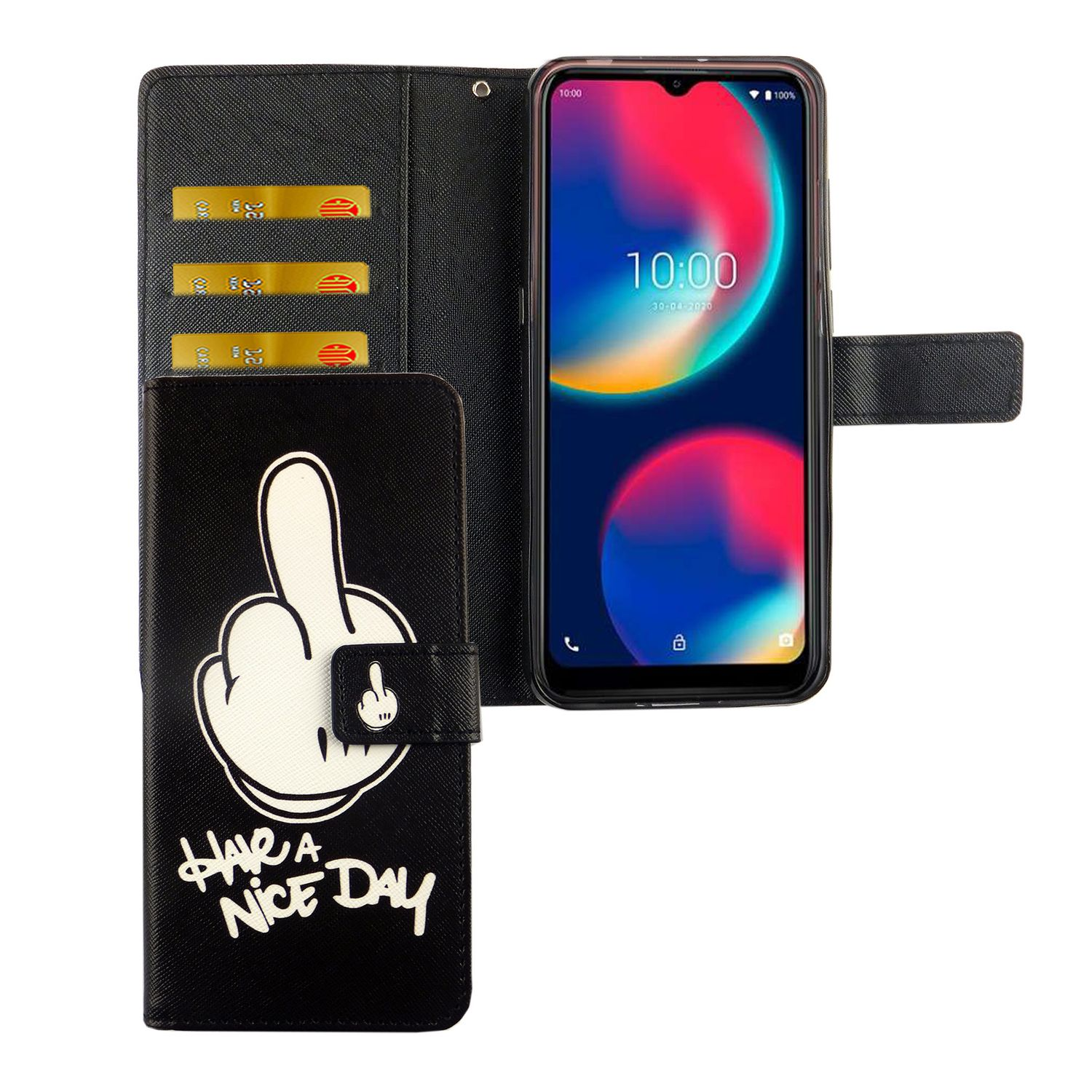 Schwarze Handyhülle mit Mittelfinger-Design, und ein Telefon darin, geöffnet mit Kartenfach.