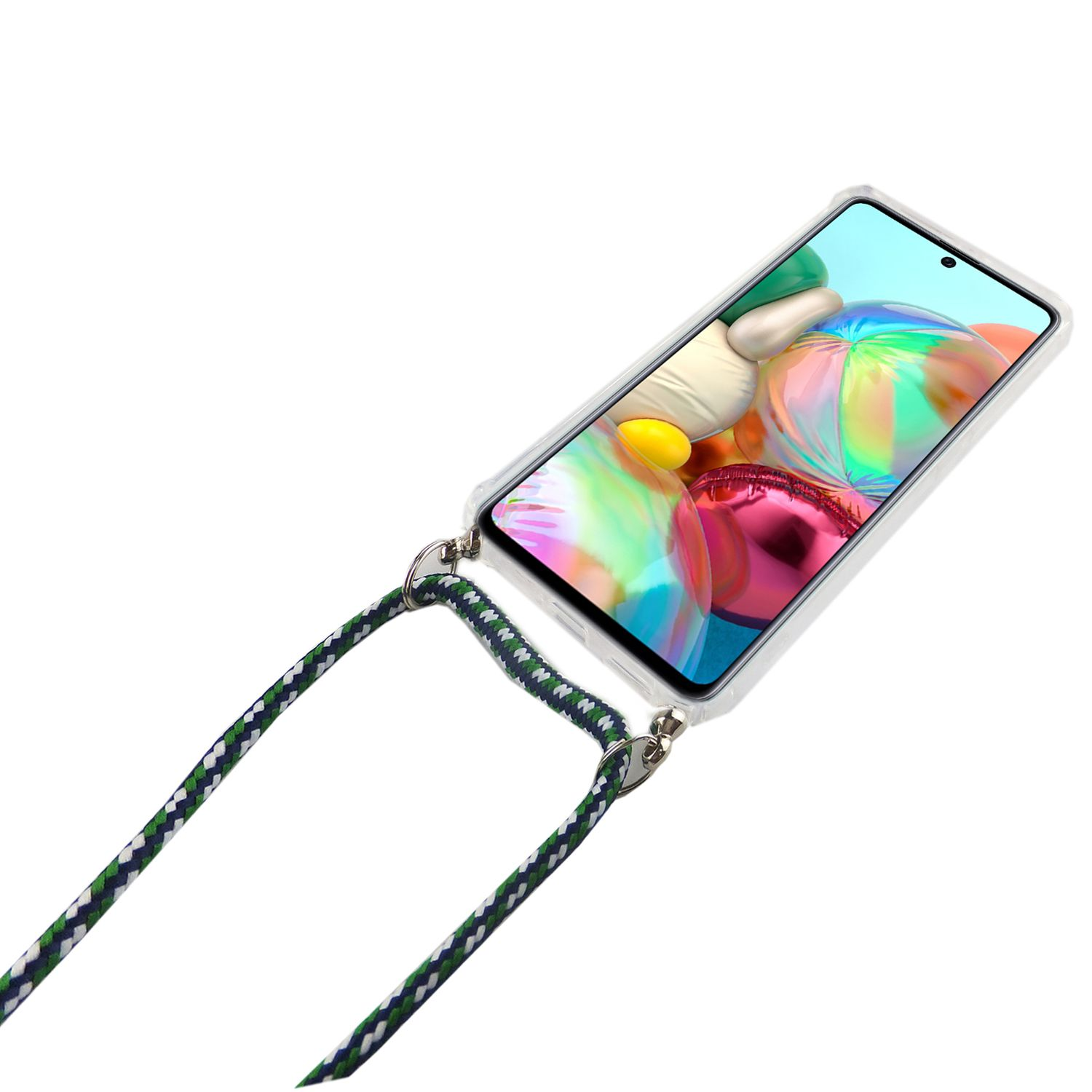 Ein Telefon in einer durchsichtigen Hülle mit einem grün-blauen Riemen. Telefon zeigt einen bunten Hintergrund.