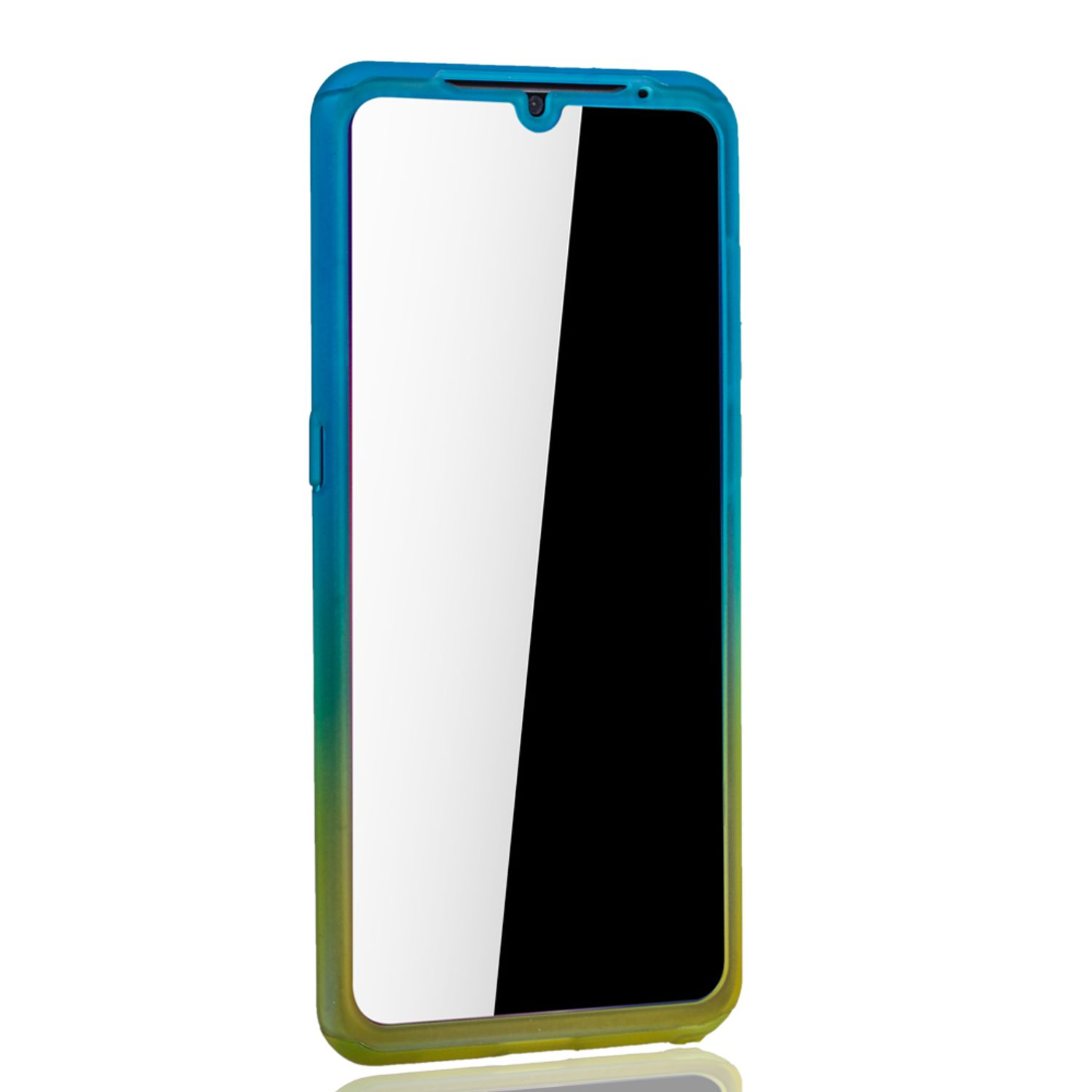 Handy mit blau-grüner Hülle. Weißer Hintergrund.