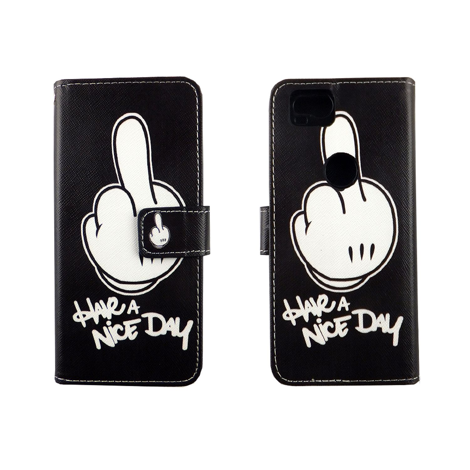 Schwarze Handyhülle mit weißem Mittelfinger-Design. Text sagt "Have a Nice Day".