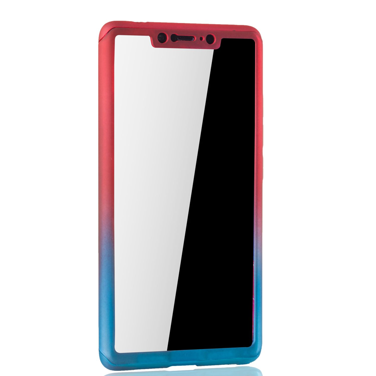 Rote und blaue Handyhülle mit einem Bildschirm. Das Telefon ist drin.