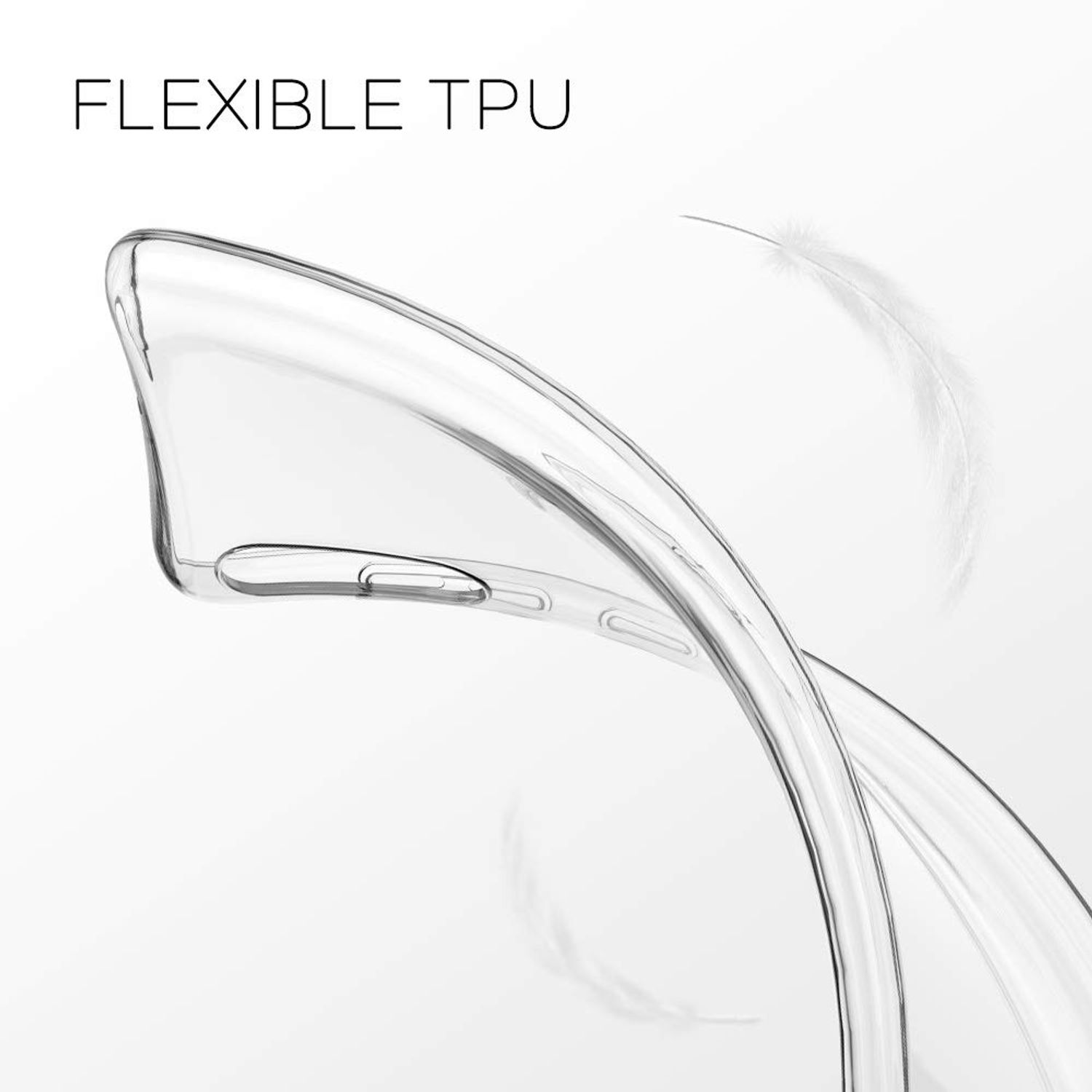 Eine transparente Handyhülle mit flexiblem TPU-Design und einer schwebenden Feder.