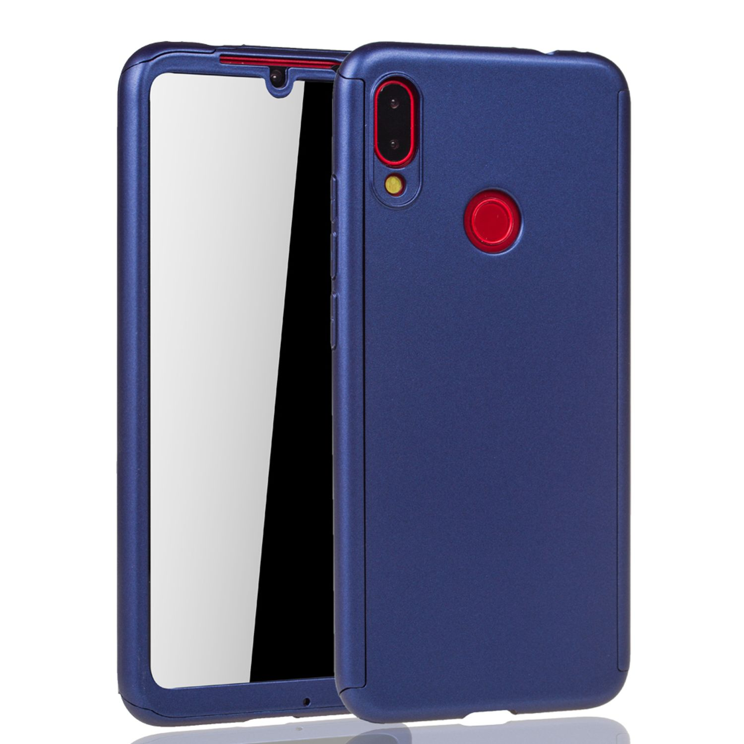 Eine blaue Handyhülle mit rotem Kameradetail. Die Handyhülle ist in zwei Teile geteilt.