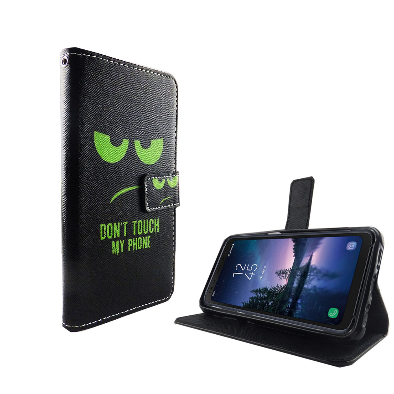 Schwarze Handyhülle mit grünem wütenden Gesicht und Text, Telefon im Display.