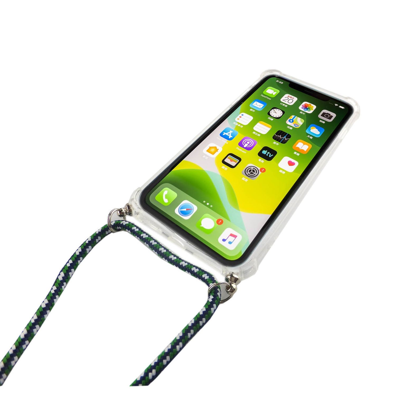 Weißer Hintergrund, Smartphone mit Apps, transparente Hülle und grün-blauer Gurt.