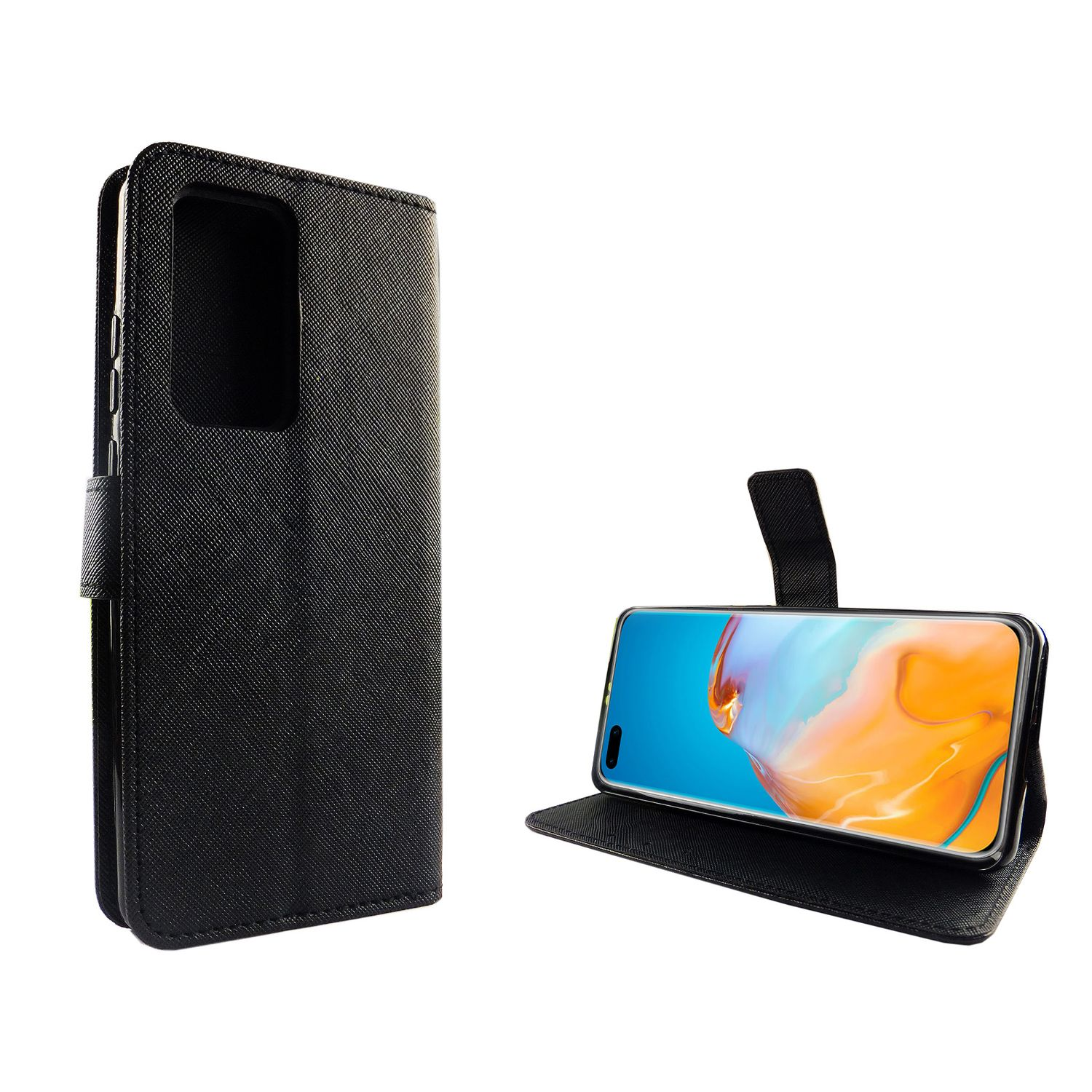 Schwarze Leder-Handyhülle geöffnet mit Telefon, und eine geschlossene.