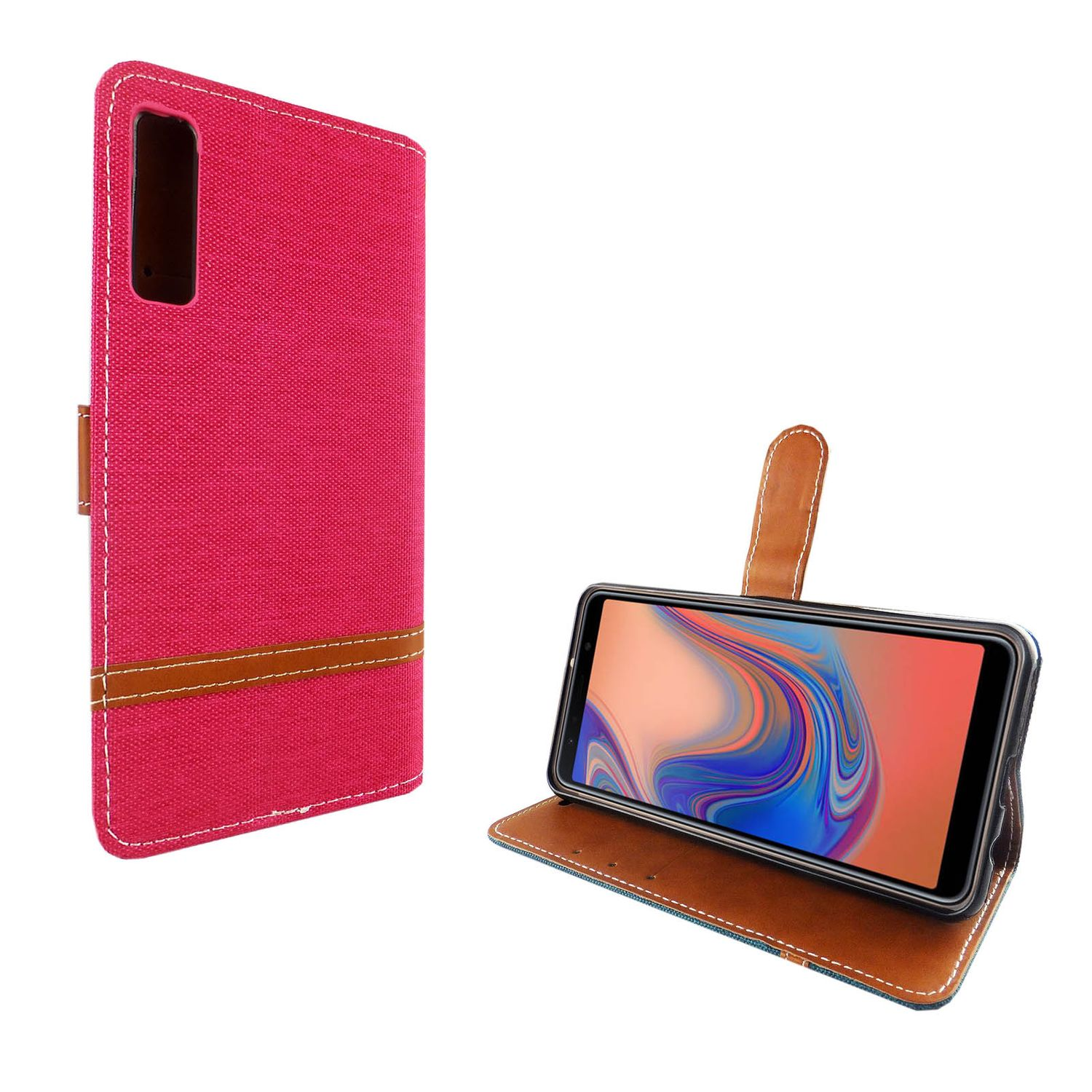 Rote Handyhülle mit Telefon. Die Hülle ist offen und hat einen braunen Streifen.