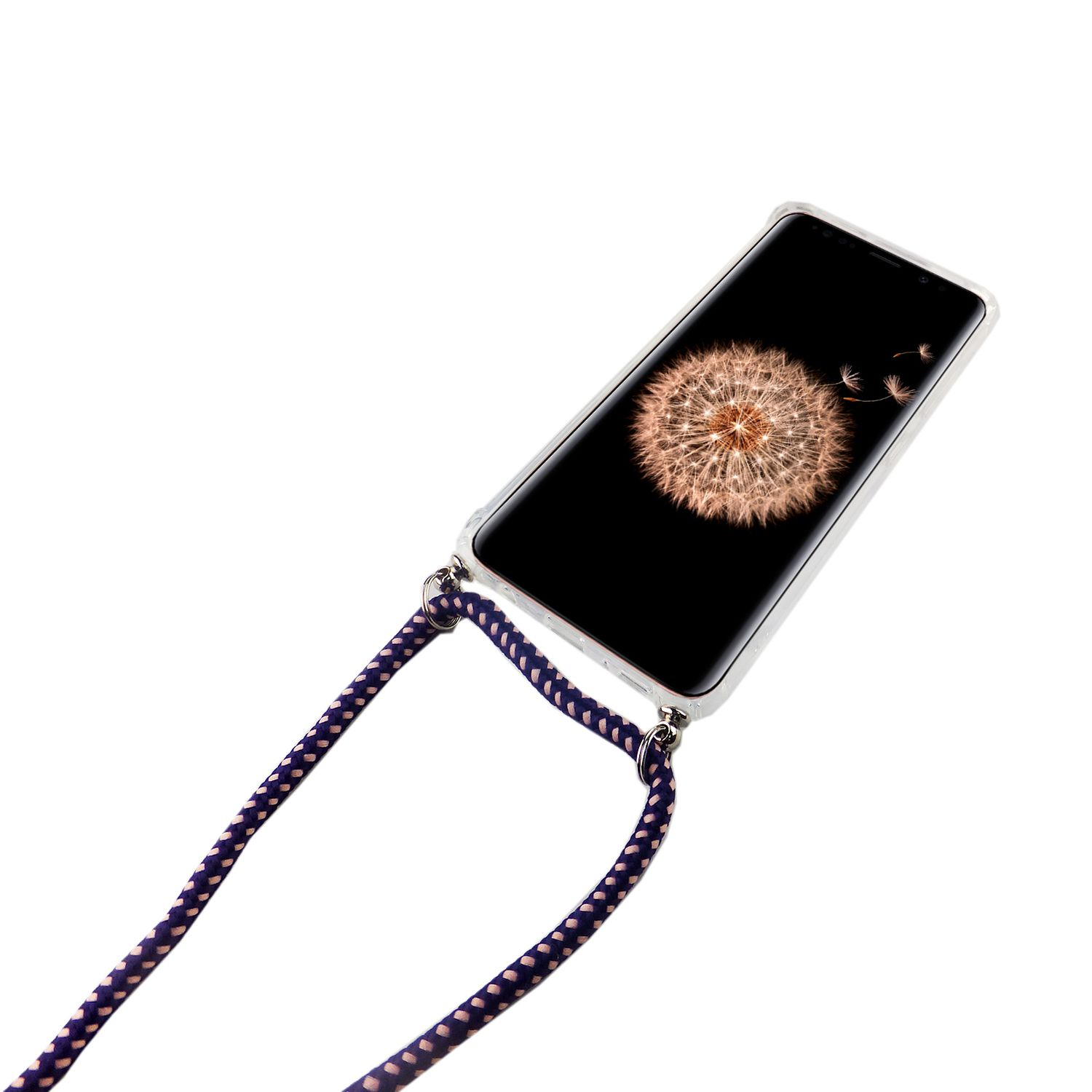 Telefon mit transparentem Gehäuse und einem geflochtenen, lila-weißen Schlüsselband. Der Bildschirm zeigt eine Pusteblume.