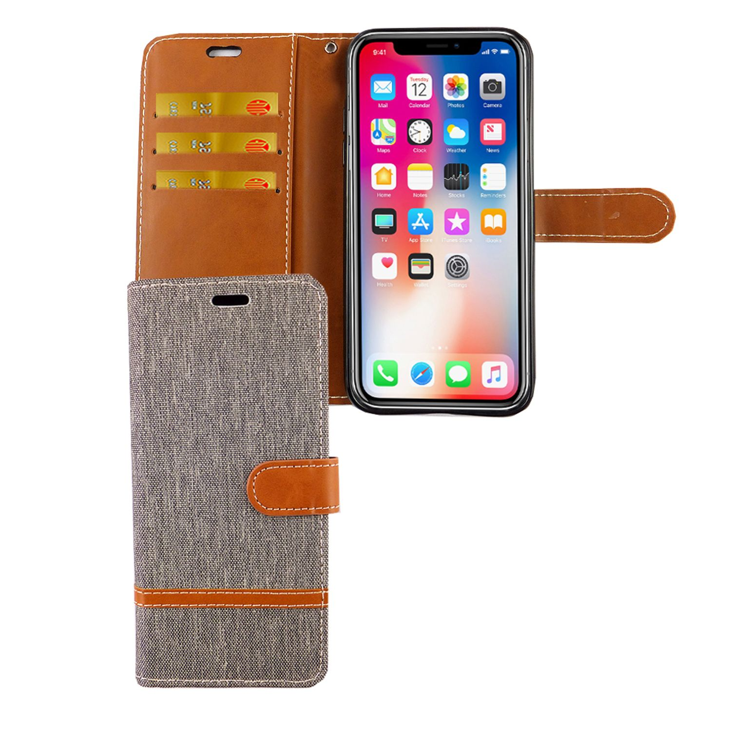Braune Leder-Handyhülle mit Telefon darin. Geöffnet, zeigt Karten und Telefonbildschirm.