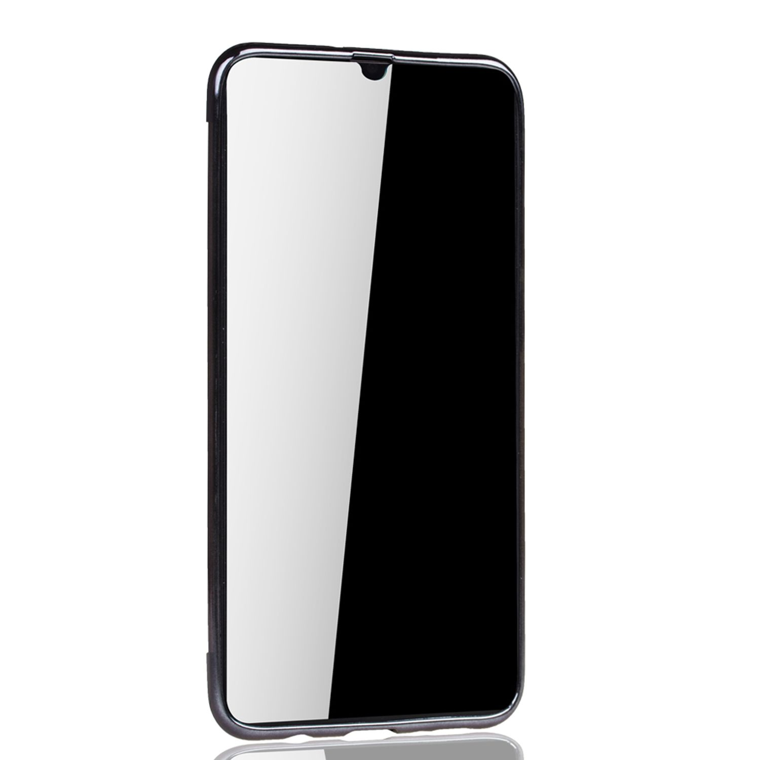 Schwarzes Telefon, Bildschirm nach vorne. Schwarzes Gehäuse. Gespiegelter Bildschirm. Weißer Hintergrund.