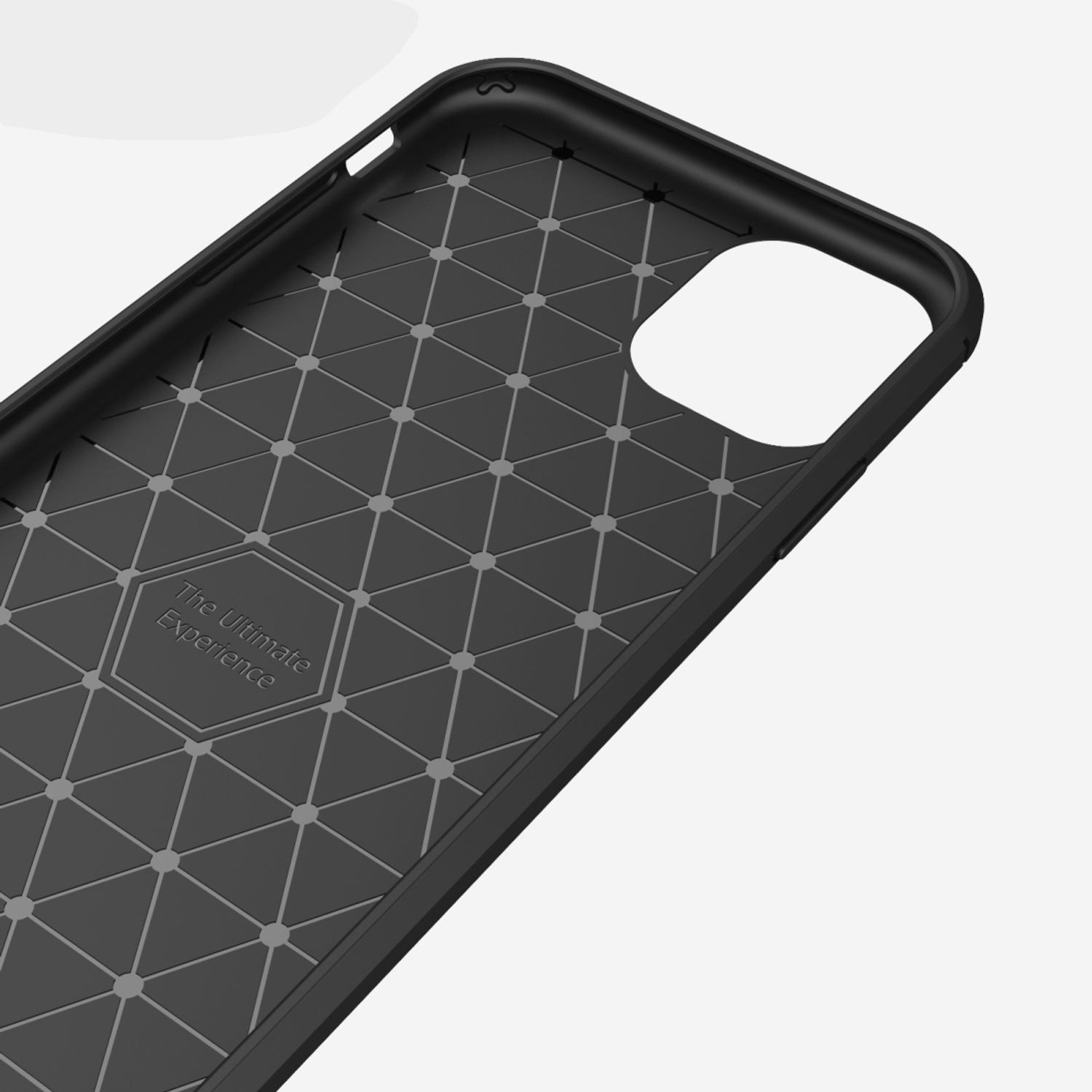 Nahaufnahme einer schwarzen Handyhülle mit geometrischem Muster und dem Text: The Ultimate Experience.