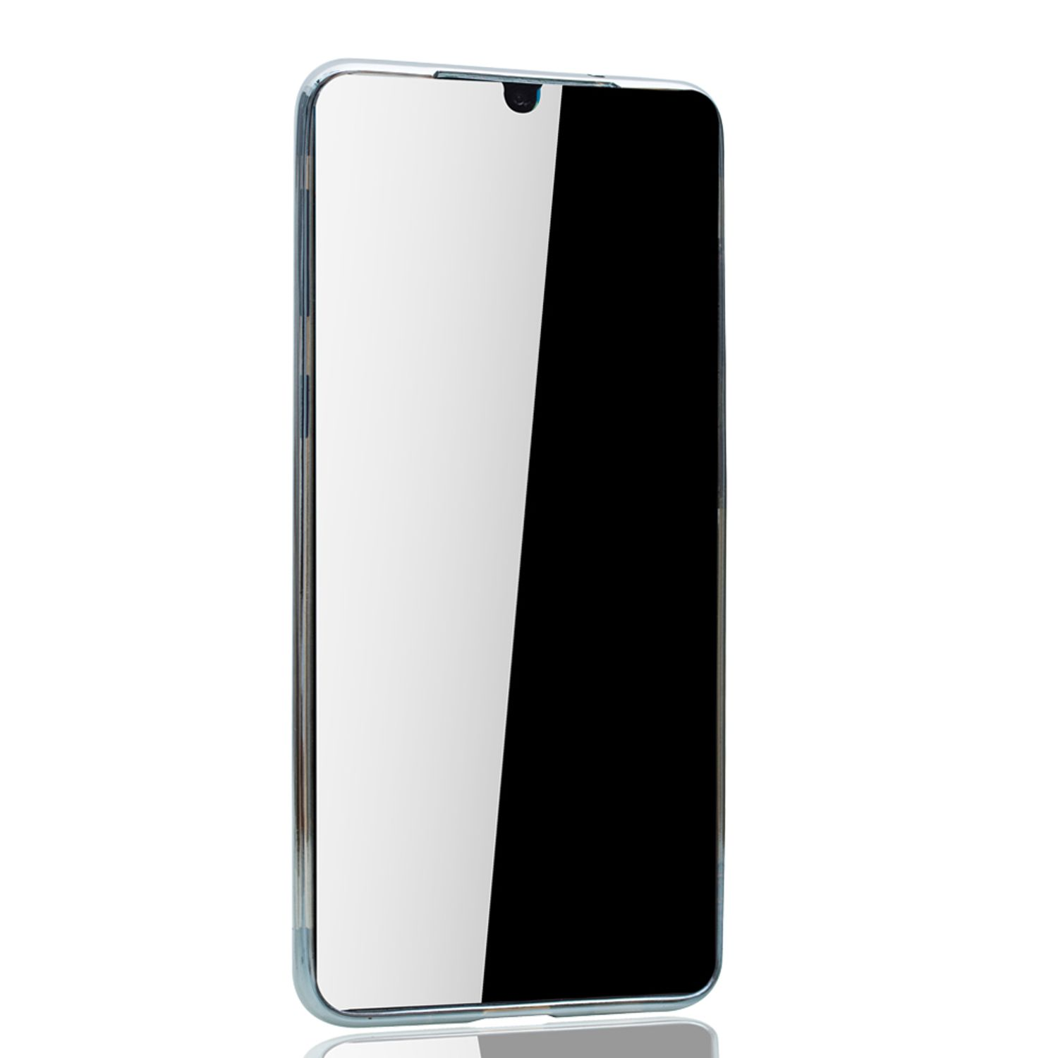 Smartphone mit reflektierendem Bildschirm, kleiner Frontkamera und hellblauem Rahmen. Weißer Hintergrund.