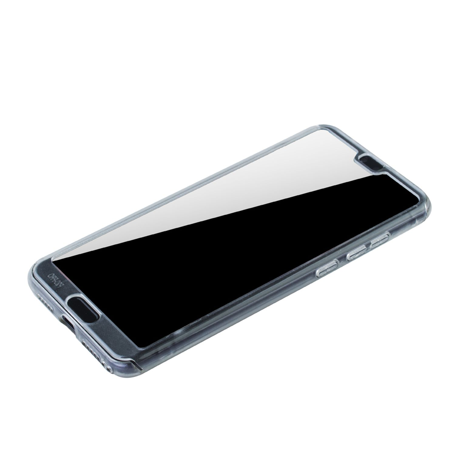 Handyhülle, transparent. Telefon mit transparenter Hülle. Tasten und Bildschirm sichtbar. Lichtreflexe vorhanden.