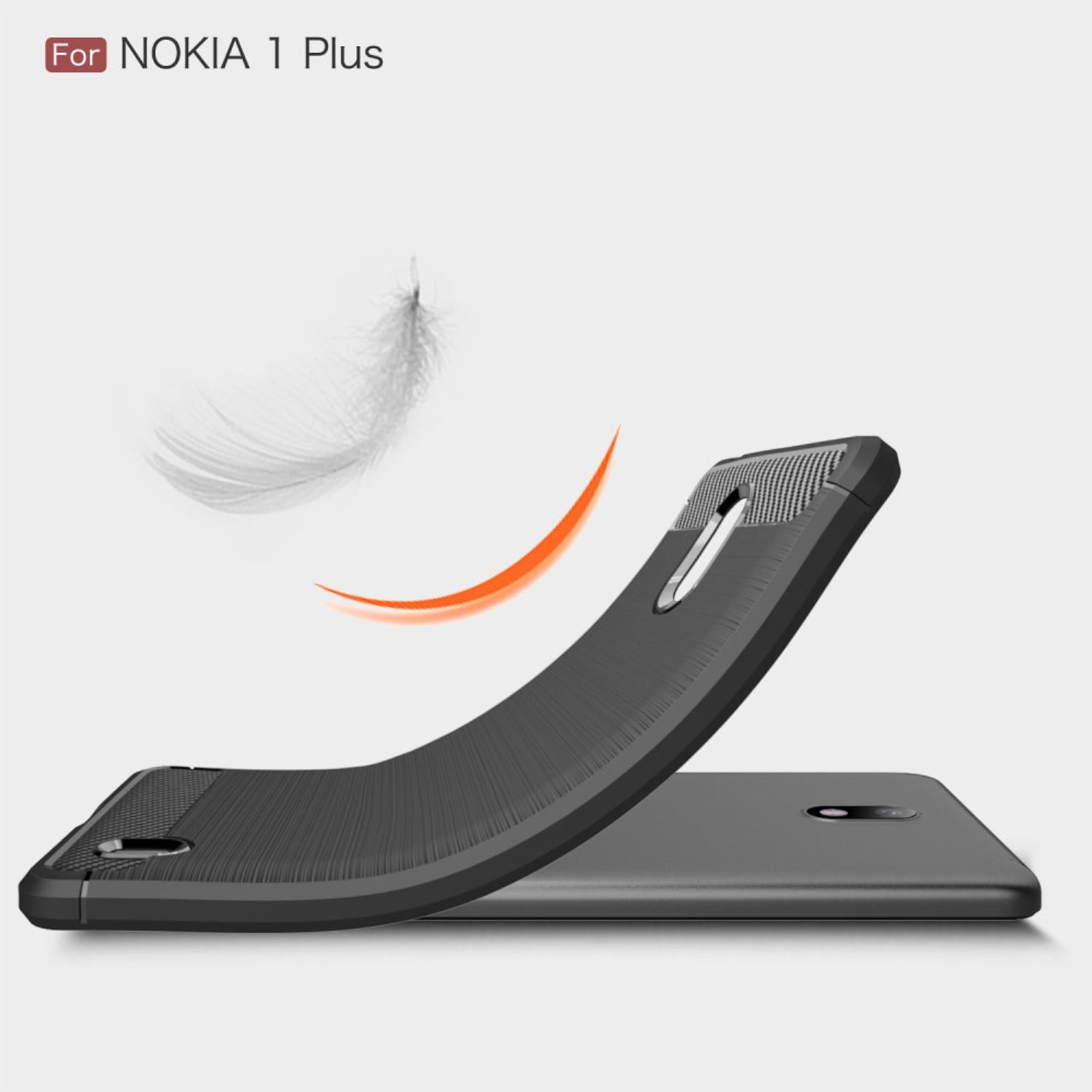 Eine schwarze Handyhülle, die sich biegt, mit einer grauen Telefonsilhouette im Hintergrund. Text: Für NOKIA 1 Plus.