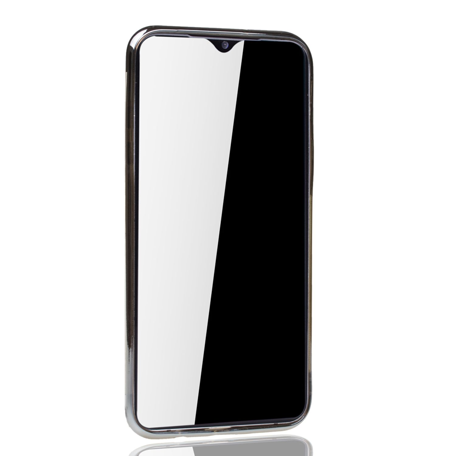 Silberrahmen-Telefon mit schwarzem Bildschirm. Telefon steht aufrecht.
