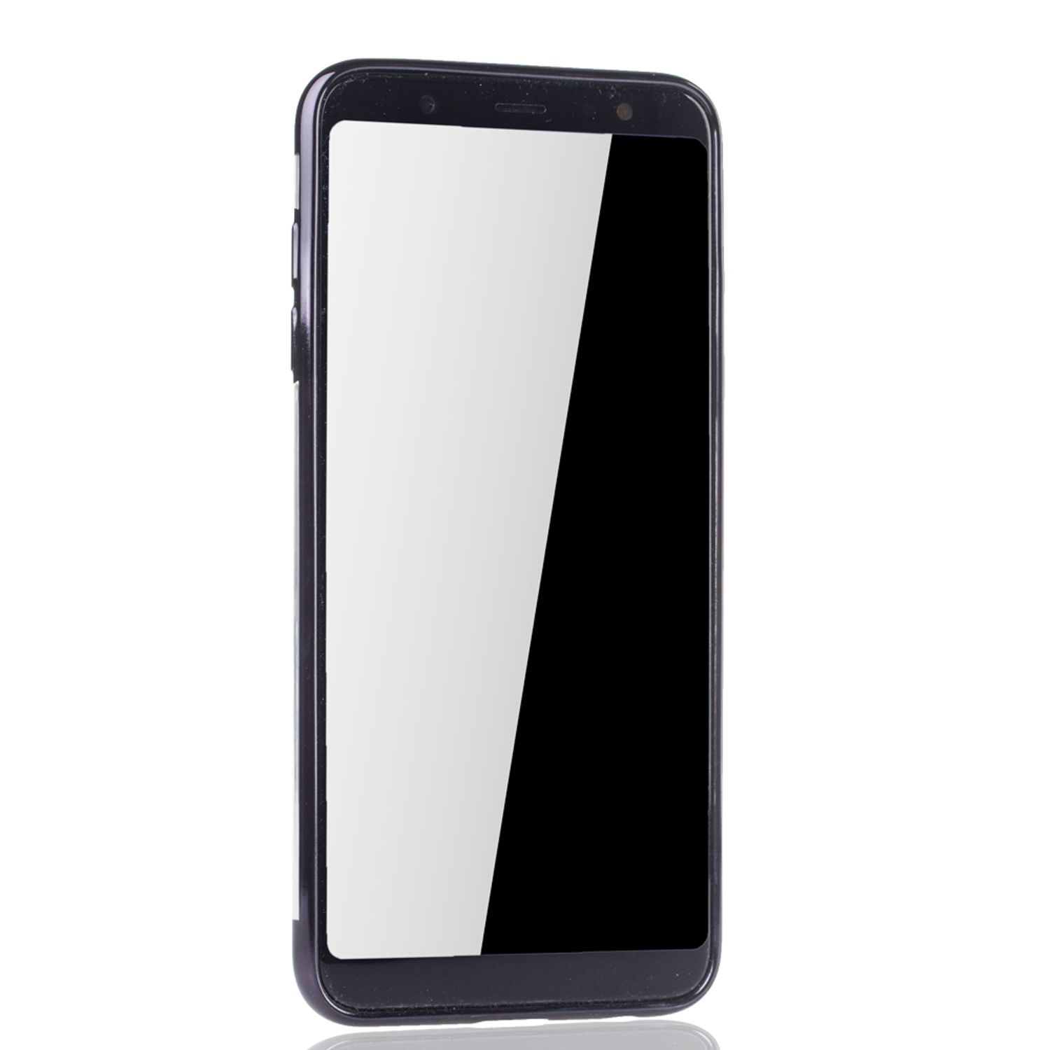 Schwarzes Telefon mit schwarzem Gehäuse und weißem Bildschirm. Der Hintergrund ist weiß.