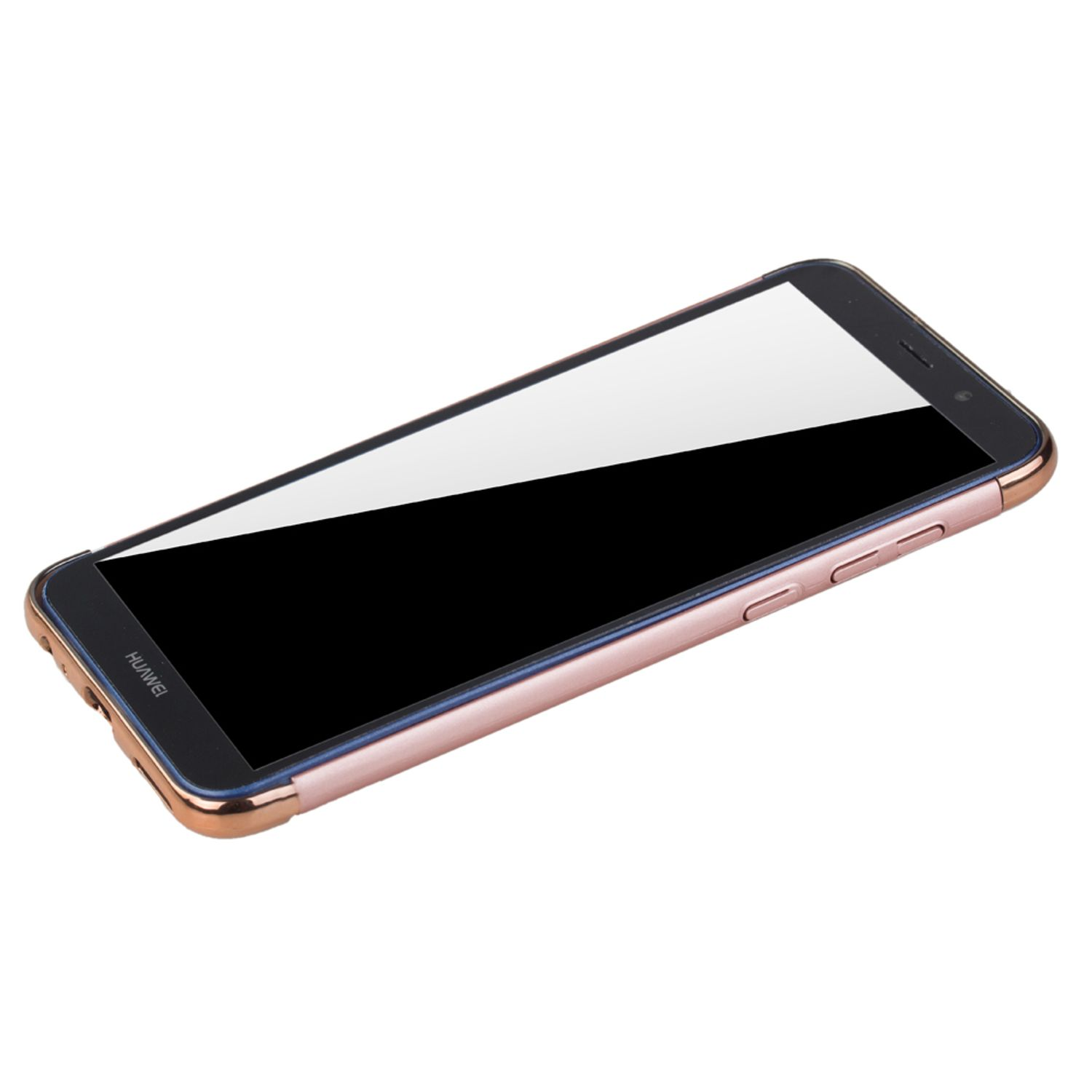 Ein Smartphone mit schwarzem Bildschirm in einem roségoldenen Rahmen, schräge Ansicht.