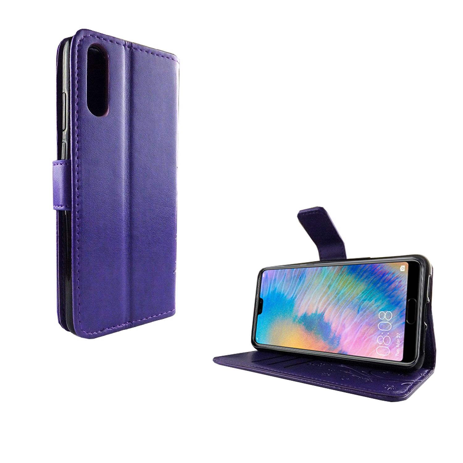 Lila Handyhülle mit einem Telefon darin. Der Bildschirm des Telefons ist eingeschaltet und zeigt ein farbenfrohes Hintergrundbild.