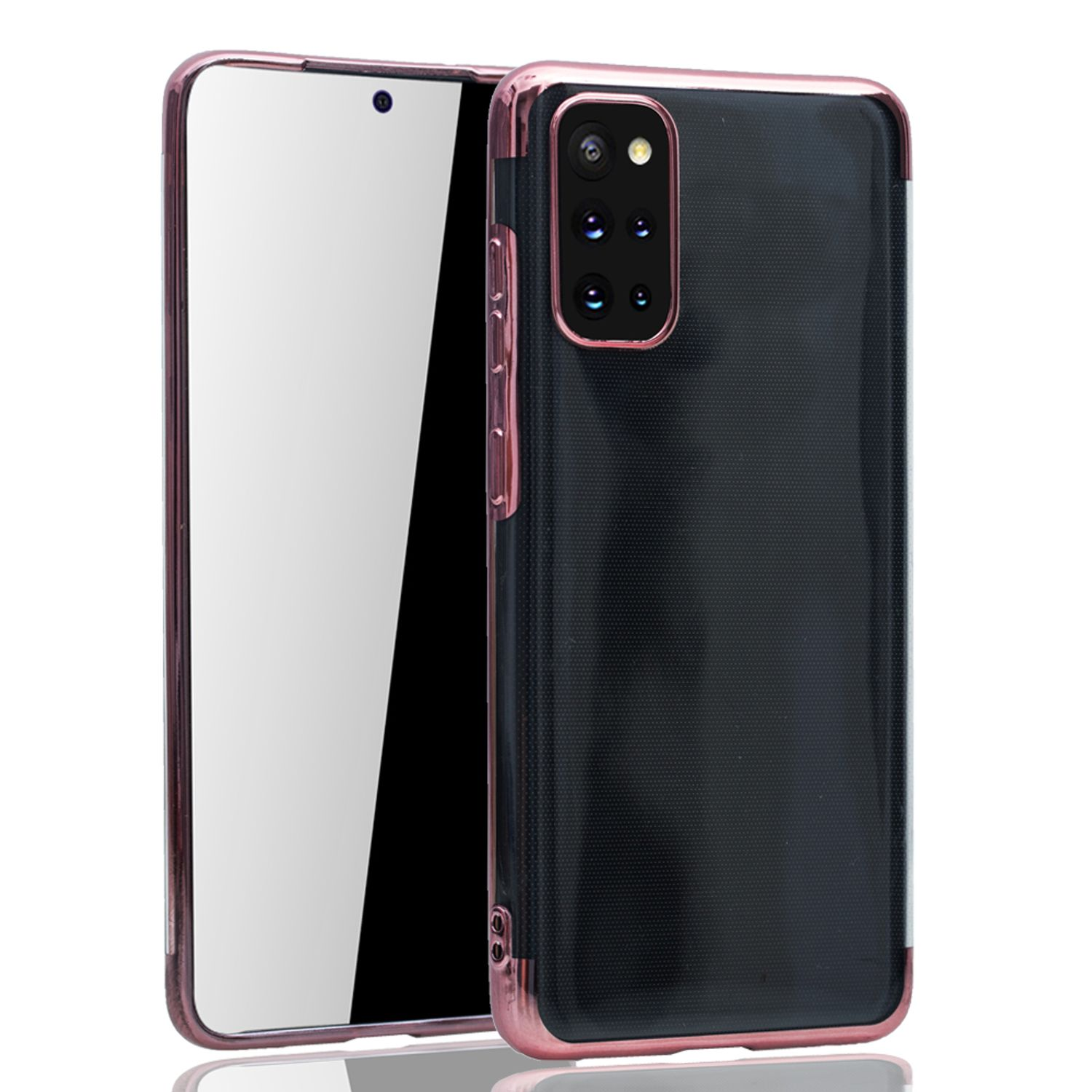 Zwei Telefone mit Hüllen. Eines schwarz, eines cremefarben mit rosa Zierleiste.