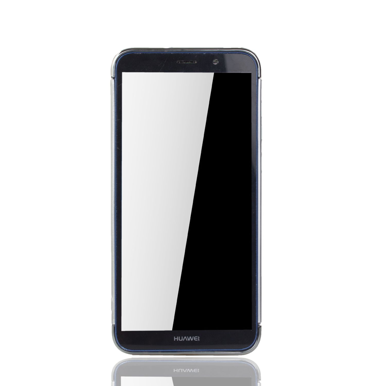 Schwarzes Telefon mit weißem Bildschirm. Das Telefon hat einen blauen Rahmen. Weißer Hintergrund.