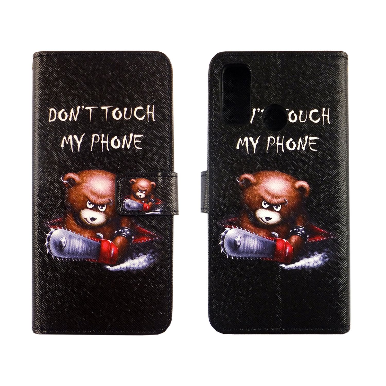 Schwarze Handyhülle mit Bär, der eine Kettensäge hält, Text: Nicht mein Handy anfassen. Weißer Hg.