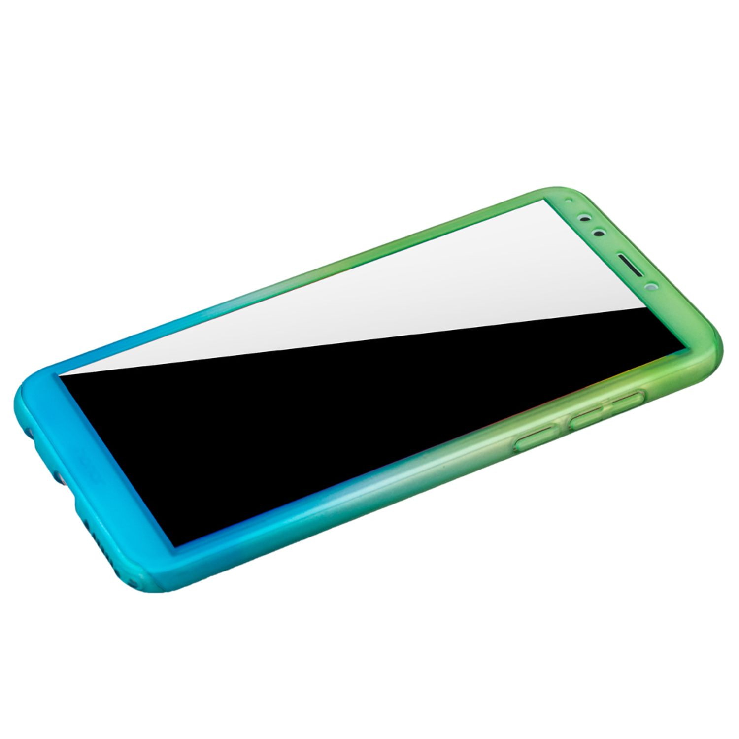 Telefon mit blau-grünem Farbverlauf, schwarzer Bildschirm.
