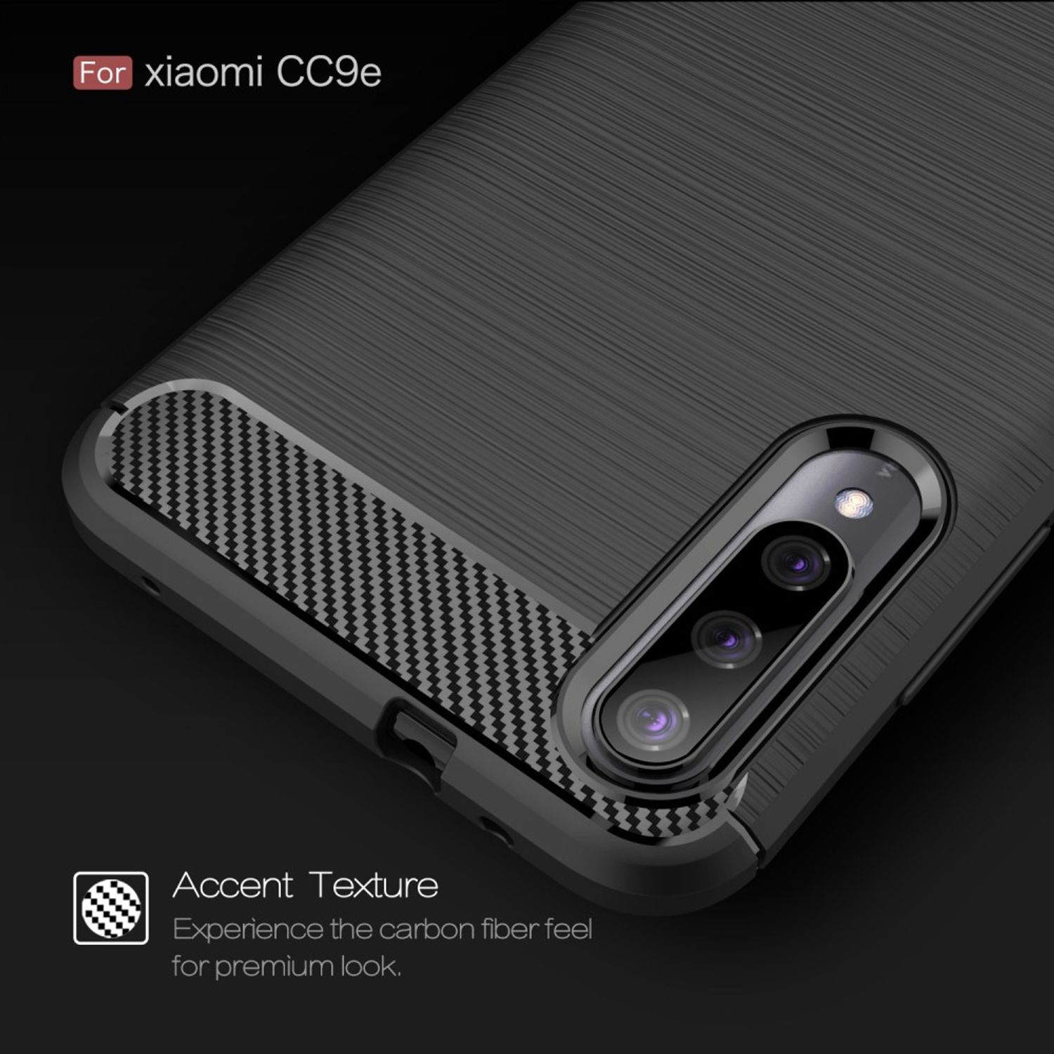 Nahaufnahme einer schwarzen Handyhülle für Xiaomi CC9e. Kohlefasertextur und Kameramodul.