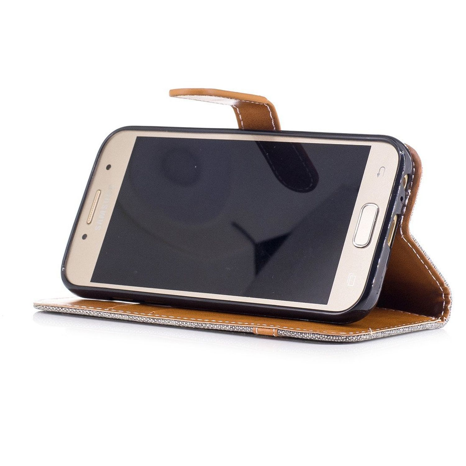 Geöffnete braune Leder-Handyhülle mit goldenem Telefon darin. Der Bildschirm des Telefons ist schwarz.