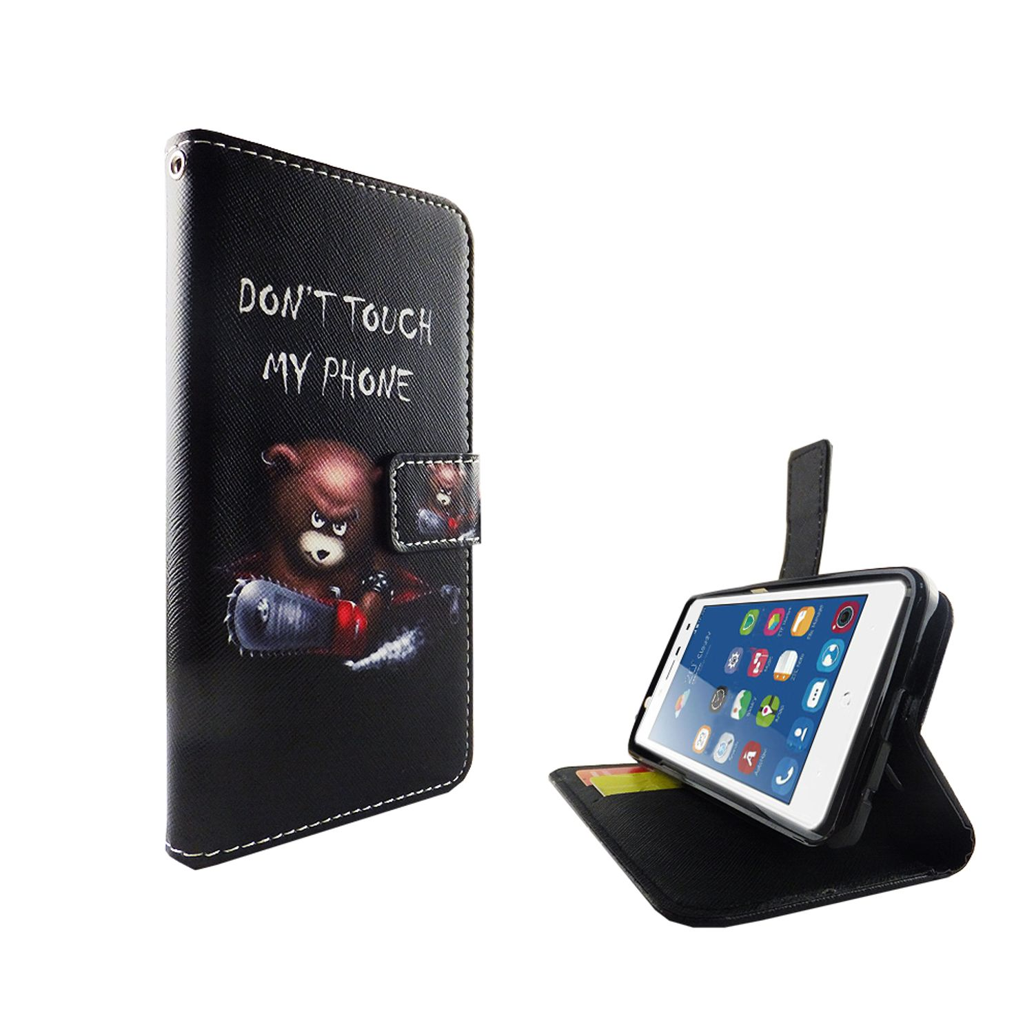 Schwarze Handyhülle mit Bärengrafik und Telefon innen. Die Hülle ist offen.