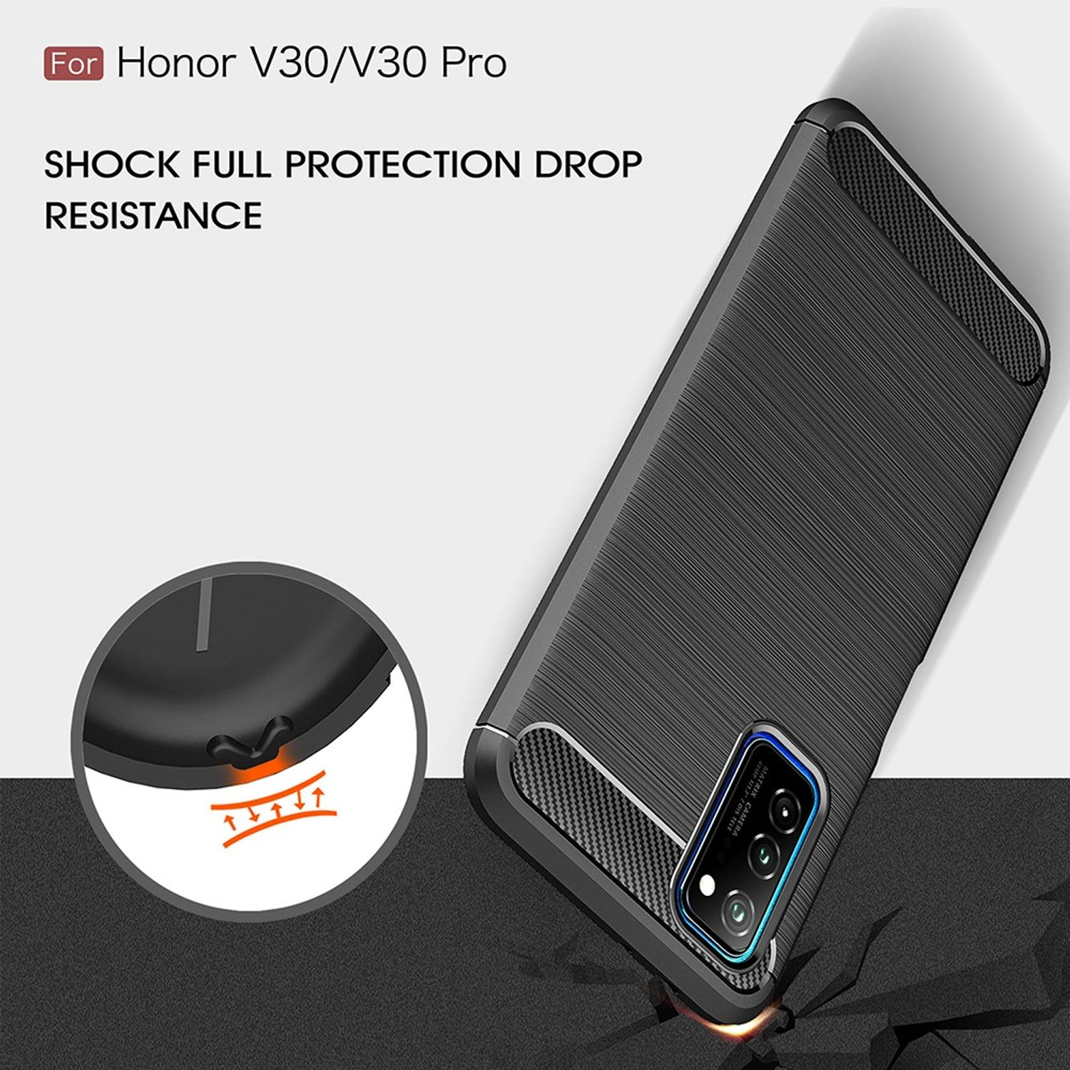 Schwarze Handyhülle, ein Telefon ist darin. Die Hülle wird gebogen, mit stoßfestem Design.