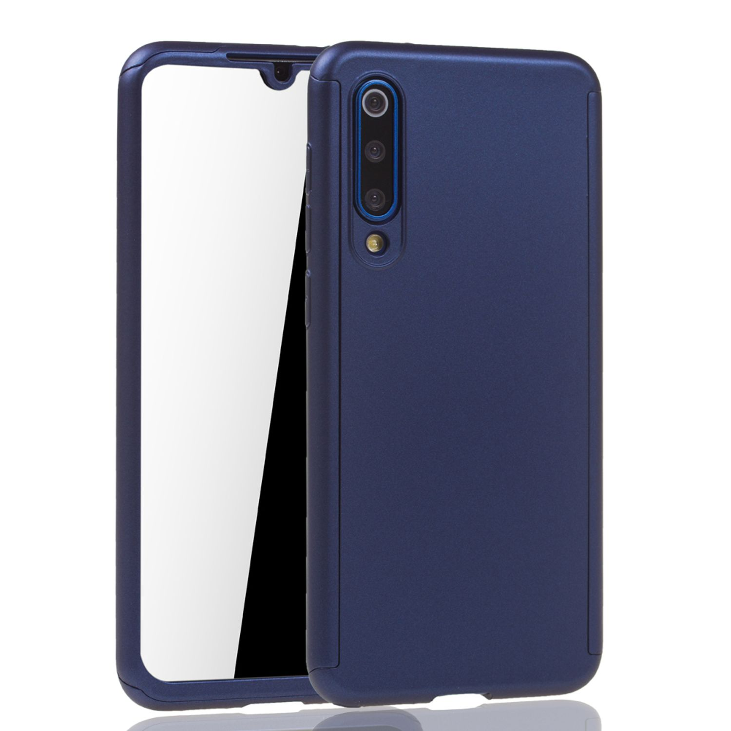 Blaue Handyhülle mit Kameraausschnitt, schützt Bildschirm und Gehäuse des Telefons.