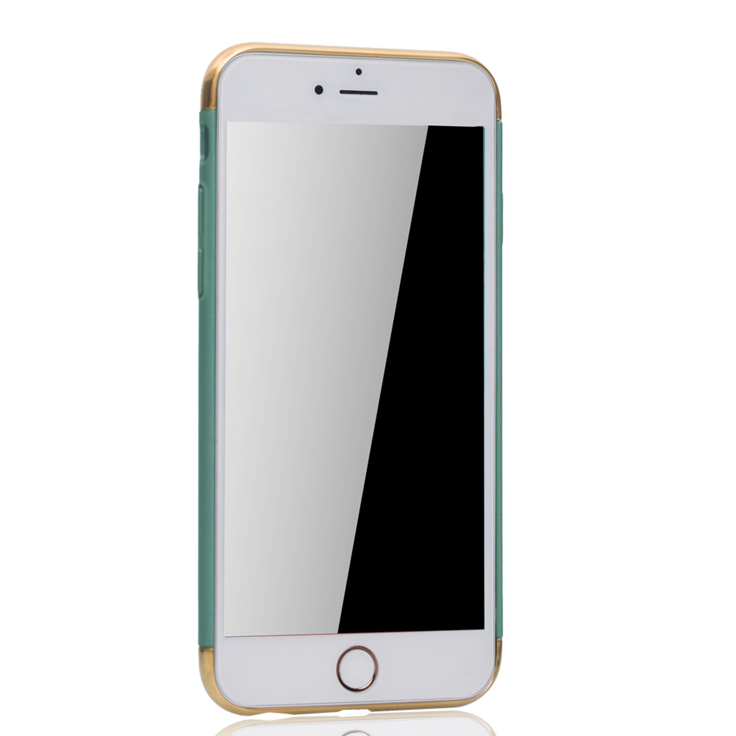 Weißes Telefon in einer grün-goldenen Hülle. Der Bildschirm ist schwarz. Unten ist ein goldener Kreis.