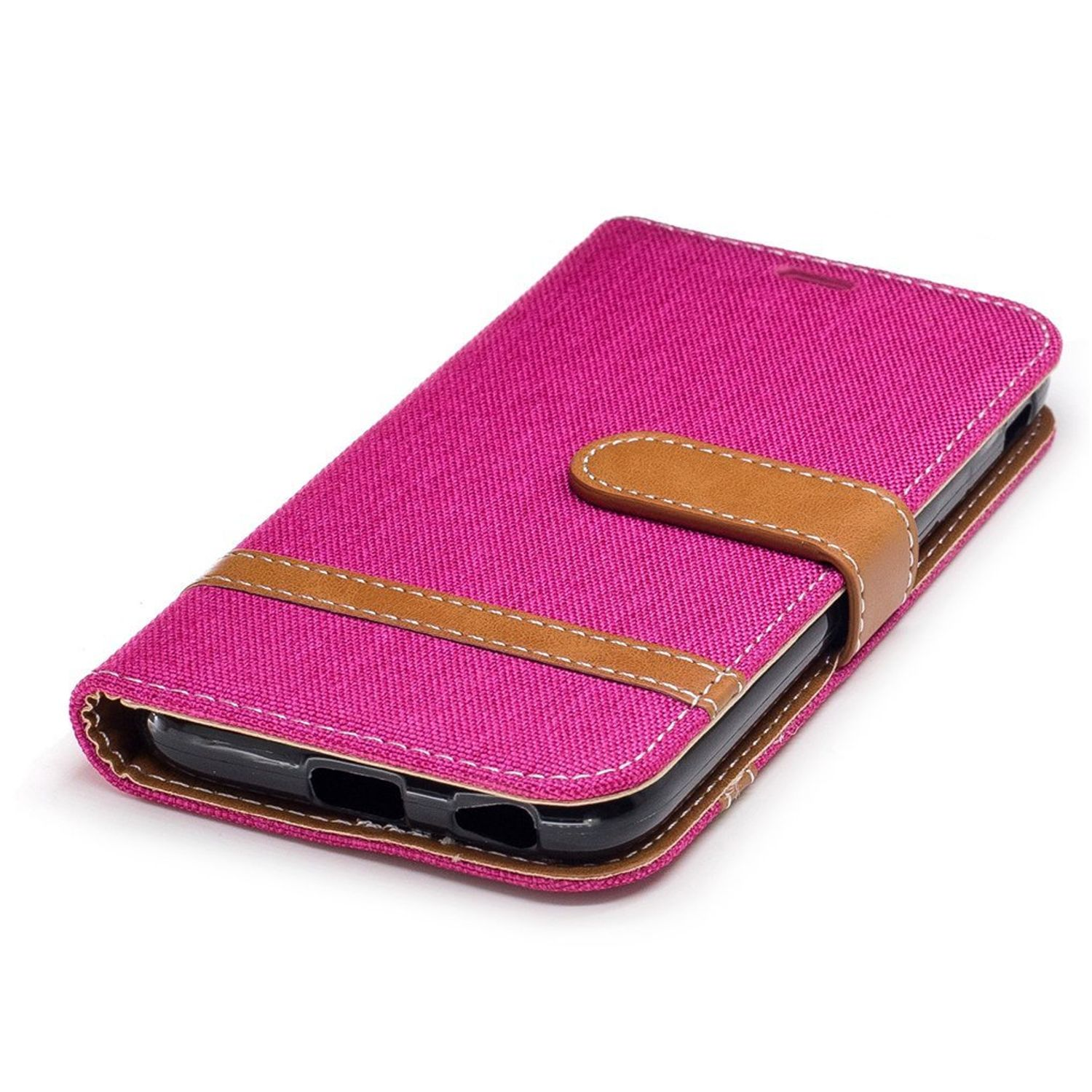 Pinke Handyhülle mit braunem Riemen. Telefon ist innen, geschlossener Koffer.