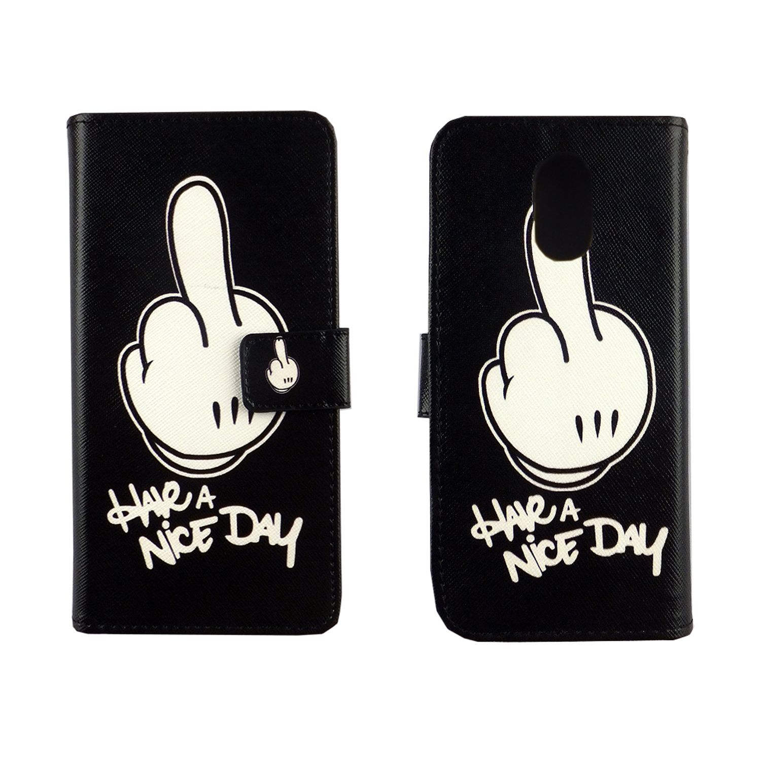 Schwarze Handyhülle mit einer Hand, die den Mittelfinger zeigt, und dem Text 'HAVE A NICE DAY'.