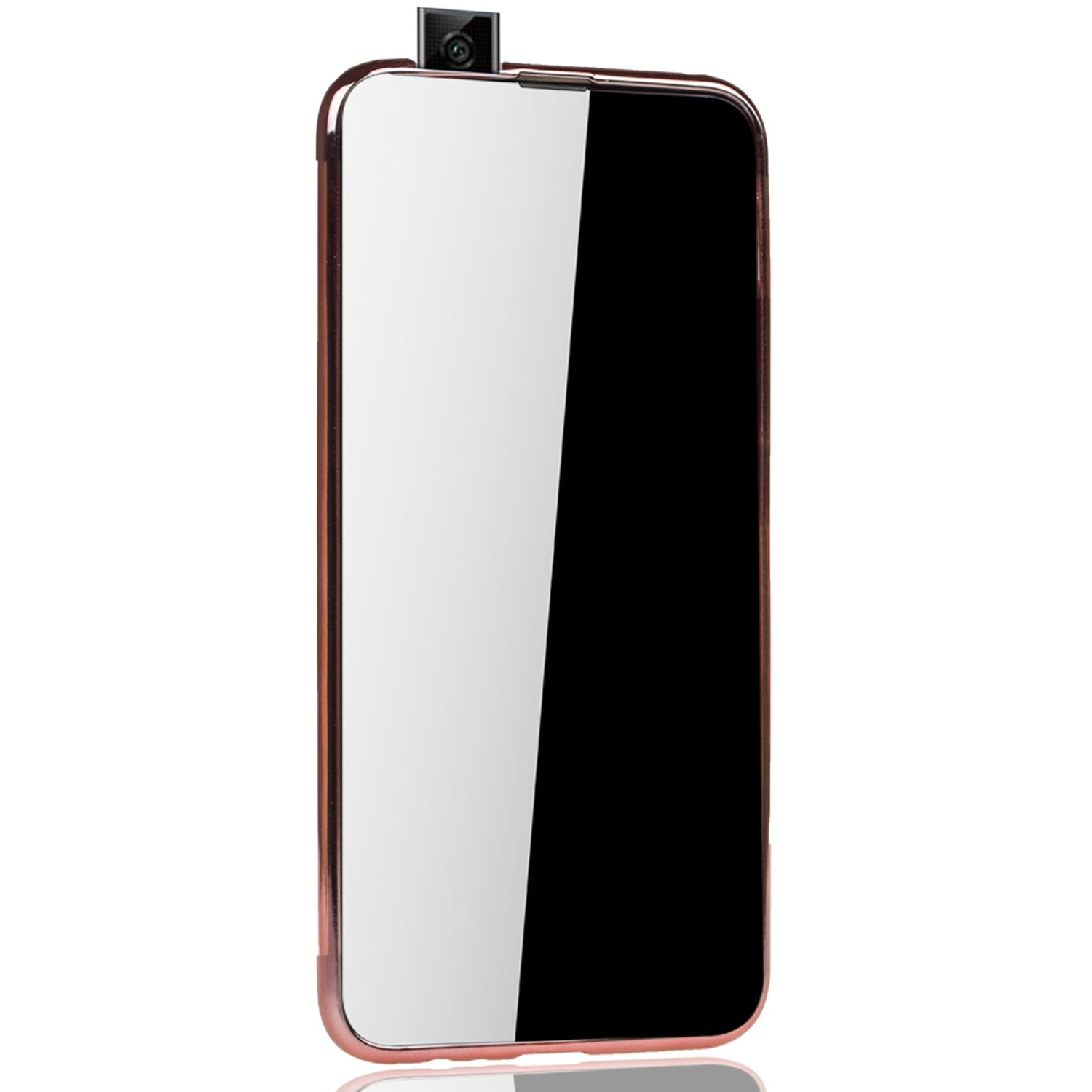 Roségoldenes Telefon Seitenansicht. Schwarzer Bildschirm. Schwarze Kamera. Weißer Hintergrund.