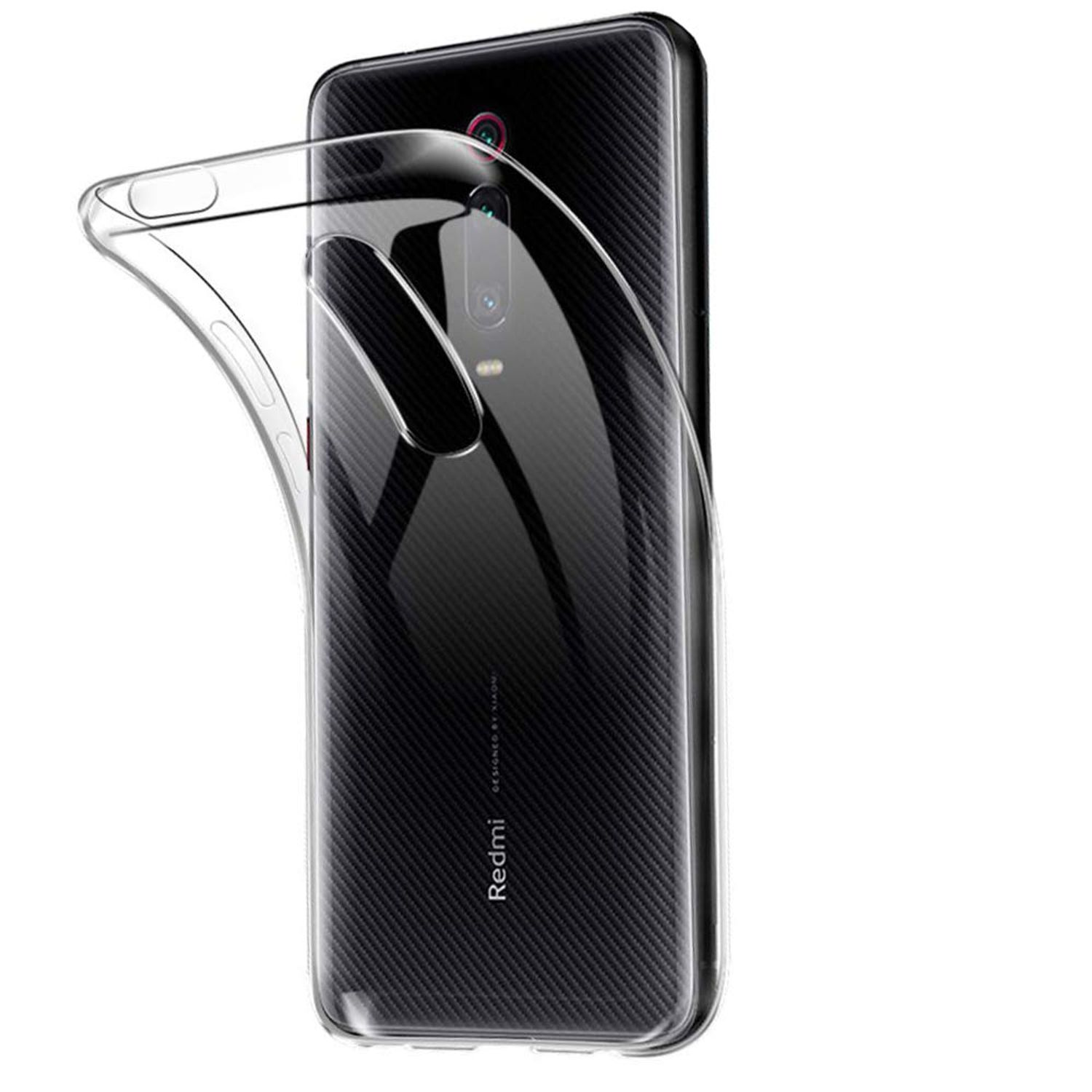 Transparente Handyhülle auf einem schwarzen Telefon. Telefon auf weißer Oberfläche. Schräge Ansicht.