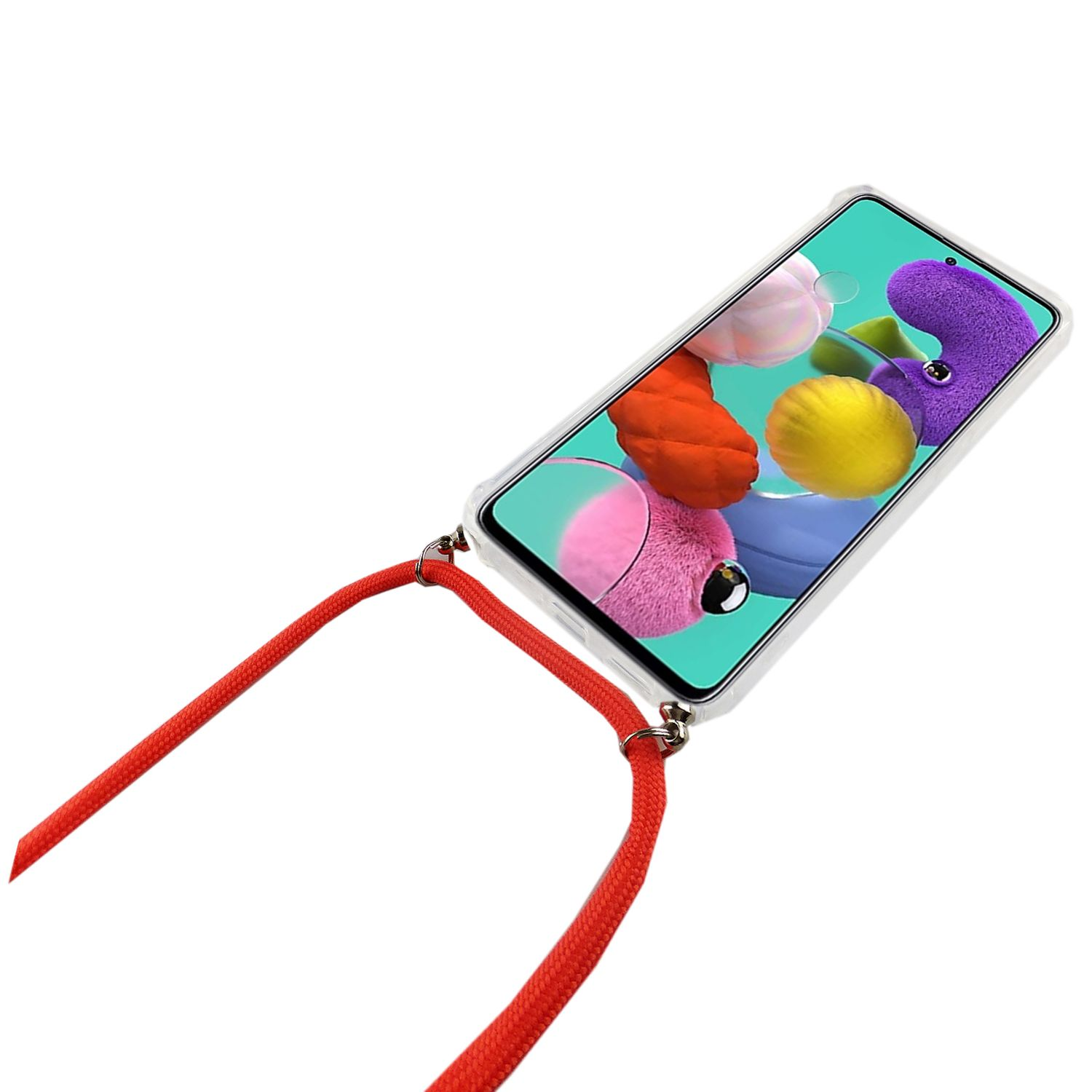 Handyhülle mit Telefon. Rotes Kabel. Weißer Hintergrund.