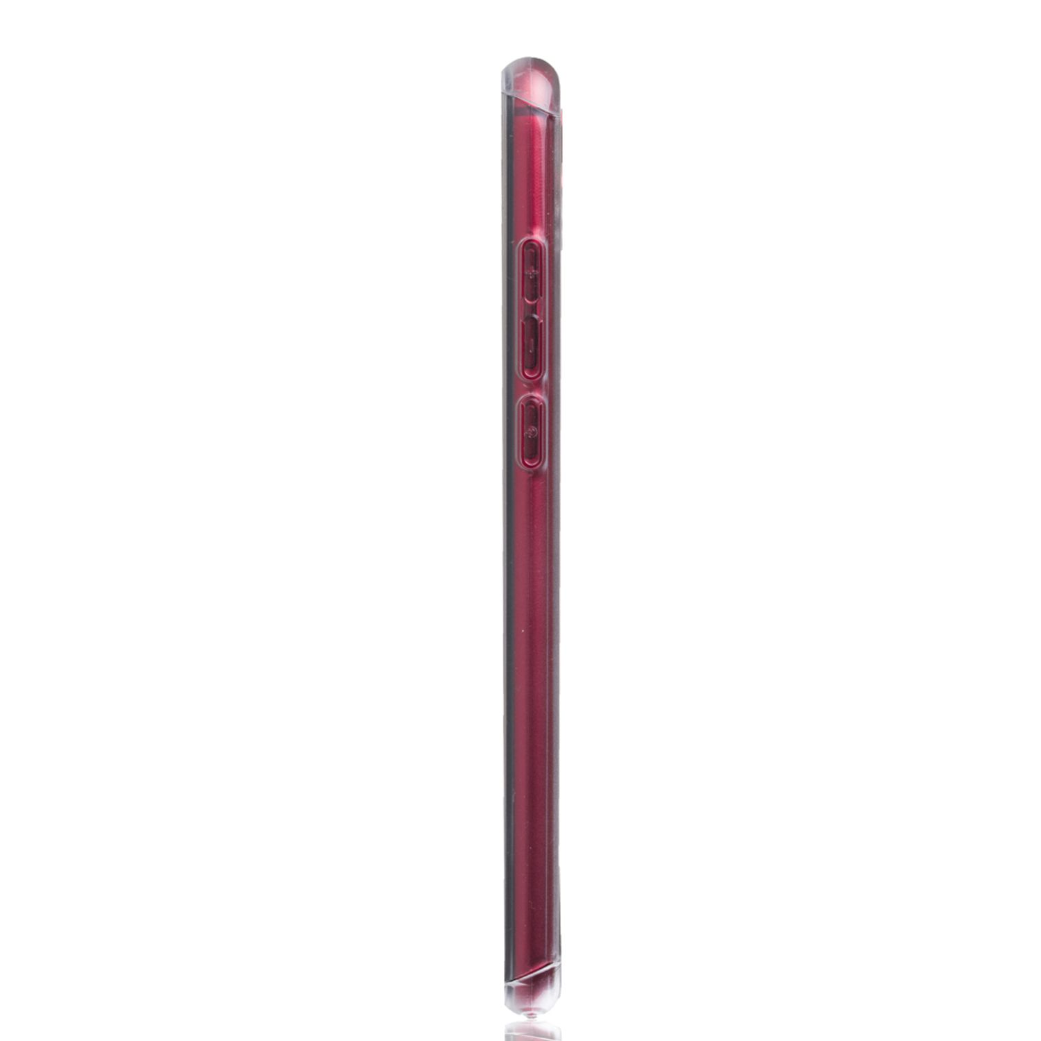Seitenansicht einer roten Handyhülle. Die Hülle hat Knöpfe und ein transparentes Design. Weißer Hintergrund.
