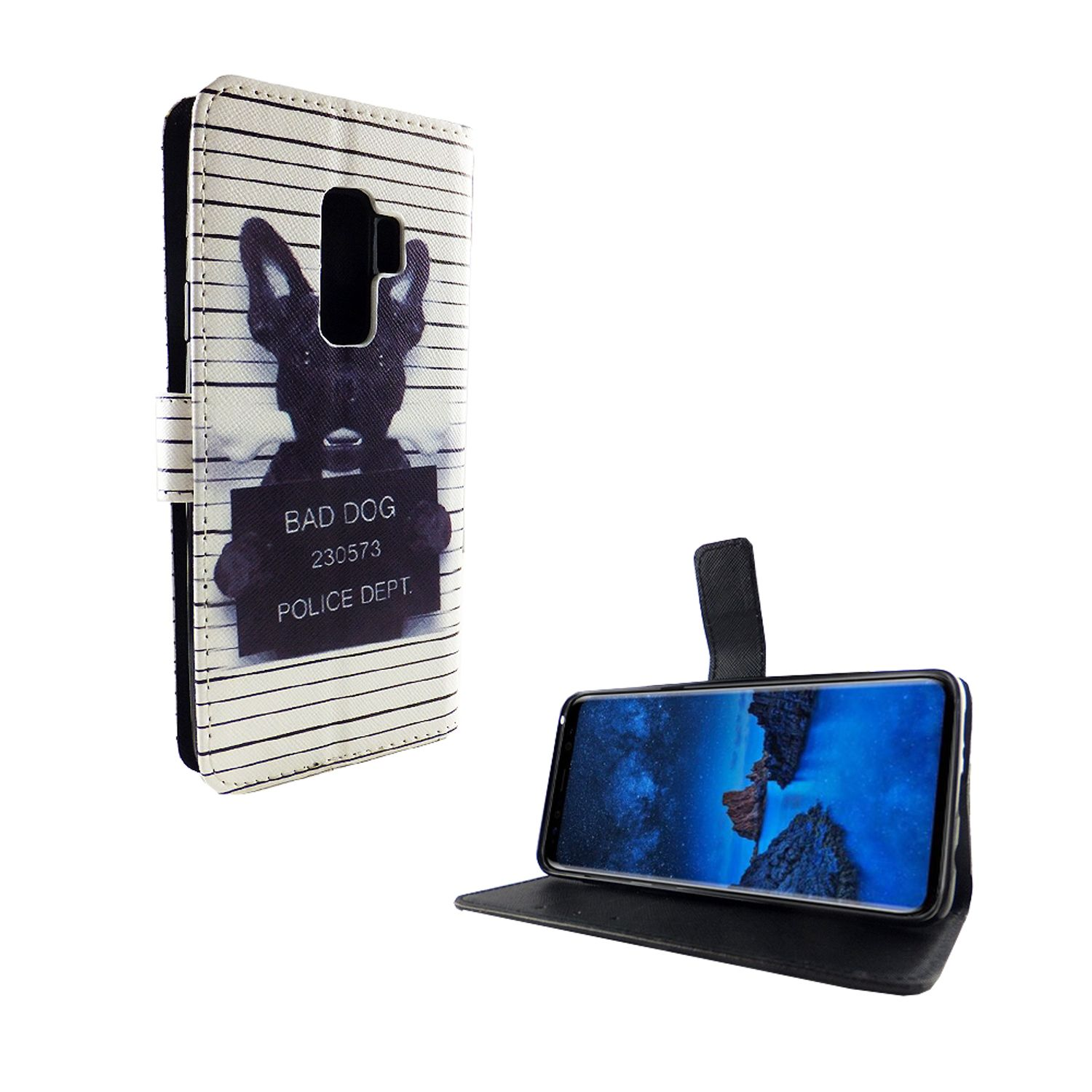 Handyhülle mit Streifendesign, Hunde-Fahndungsfoto und Text "BAD DOG". Telefon sichtbar.