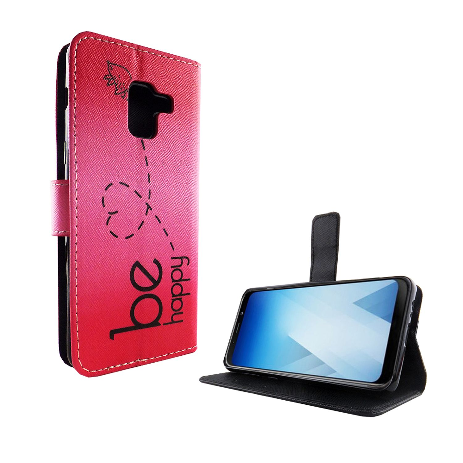 Geöffnete rot-rosa Handyhülle mit "be happy" Text und Telefon im Inneren.
