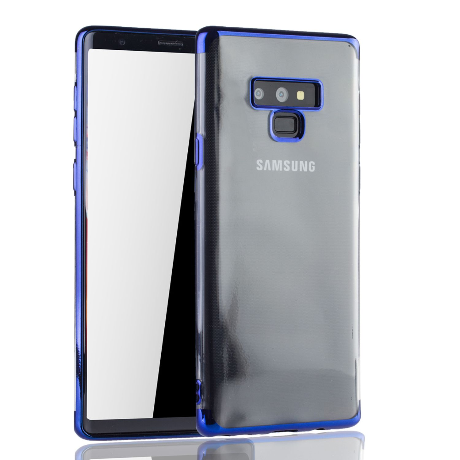 Schwarz-blaues Handyhülle mit Telefon darin. Das Telefon ist vertikal und das Display ist an. Weißer Hintergrund.