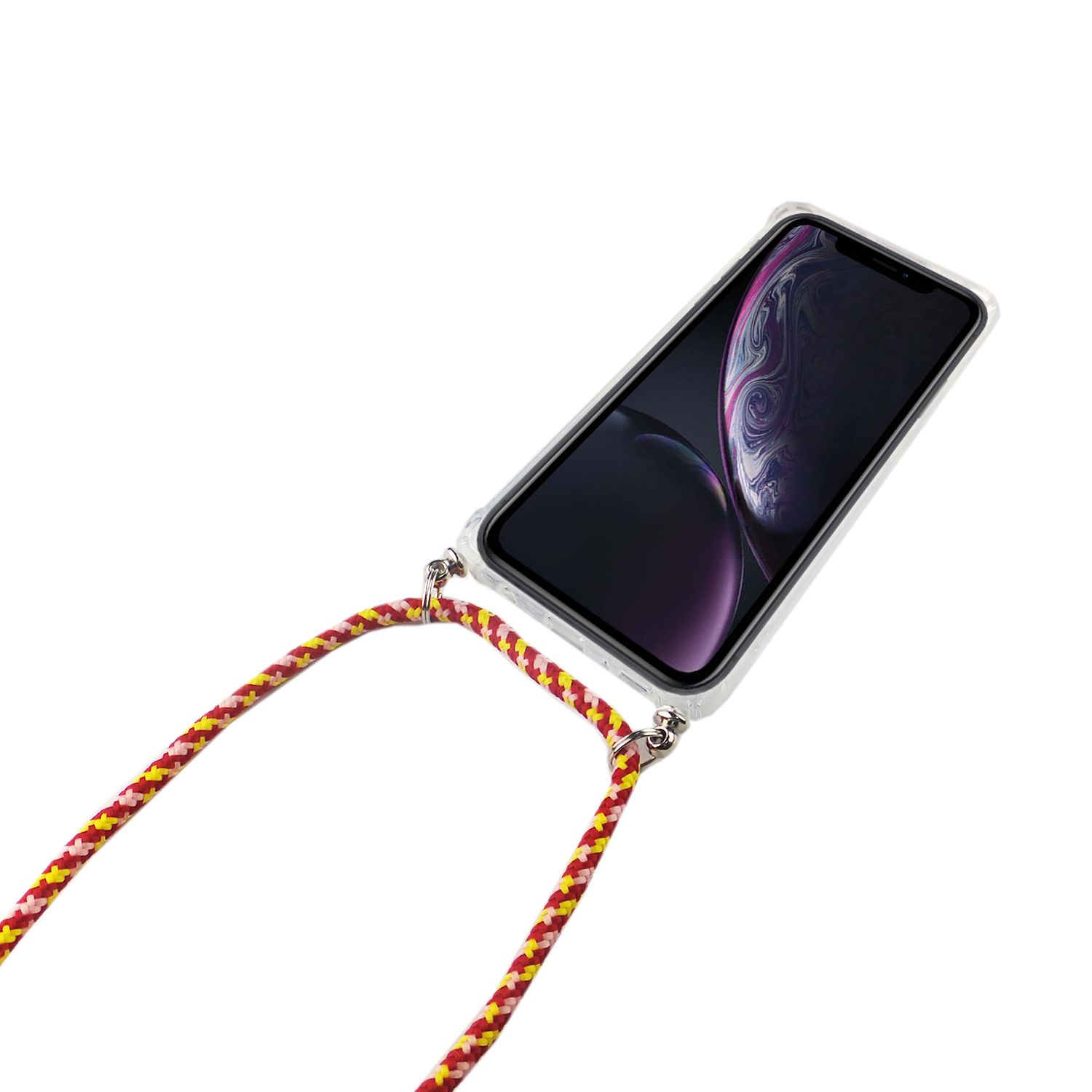 Handyhülle mit einem rot-gelb gemusterten Riemen. Das Telefon ist mit einer transparenten Hülle sichtbar.