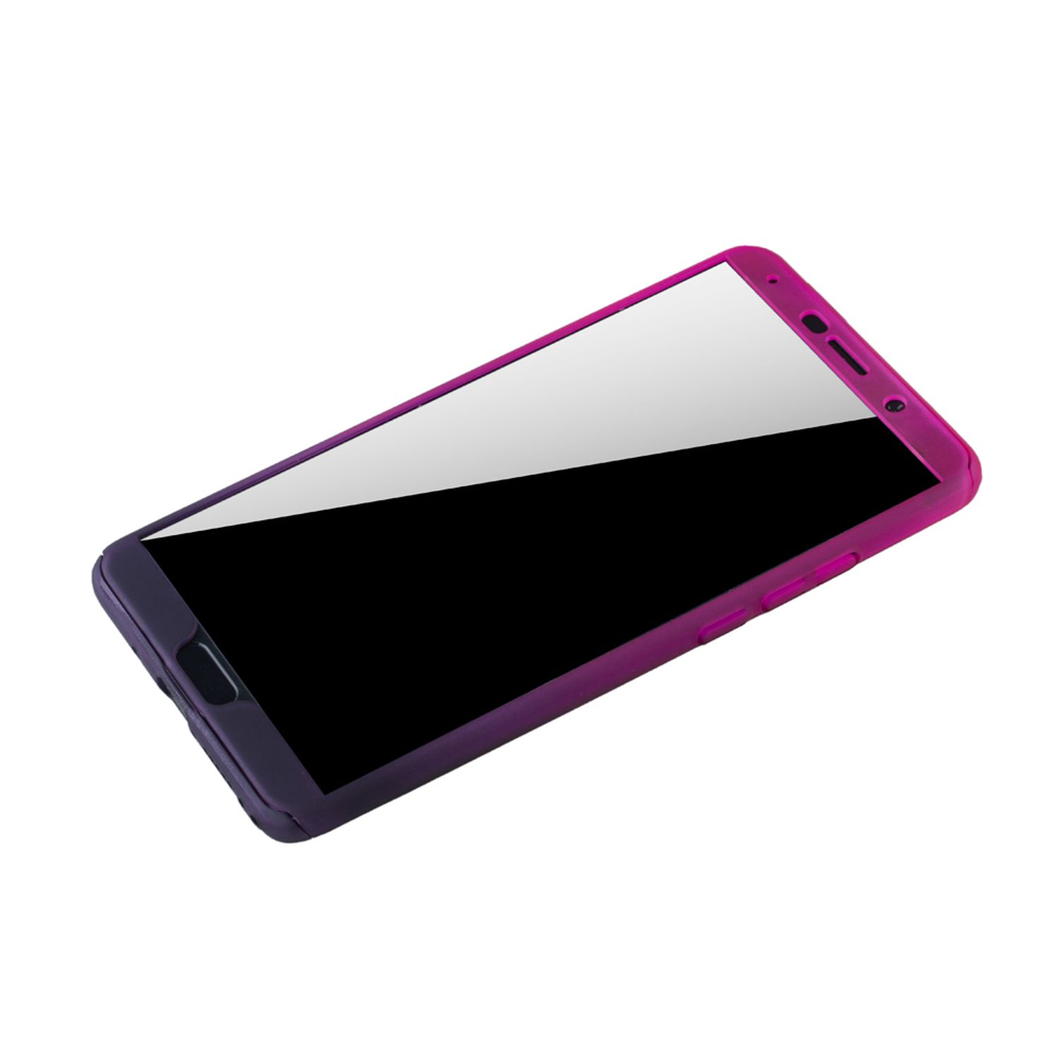 Telefon mit einer lila bis rosa Farbverlaufshülle. Der Bildschirm ist schwarz. Schräge Ansicht.