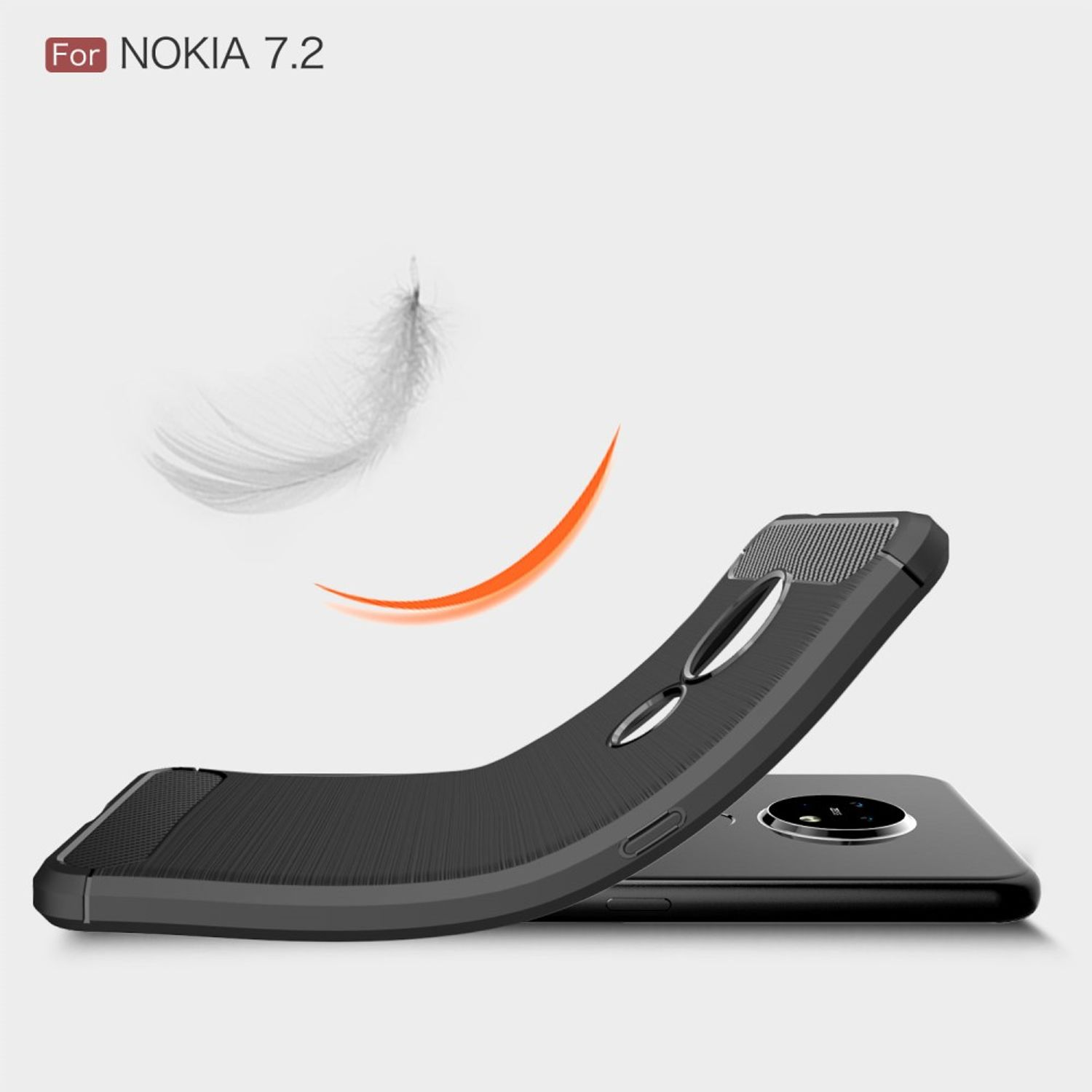 Schwarze Handyhülle mit geschwungenem Design, mit einem Telefon darin. Eine leichte Feder schwebt darüber.