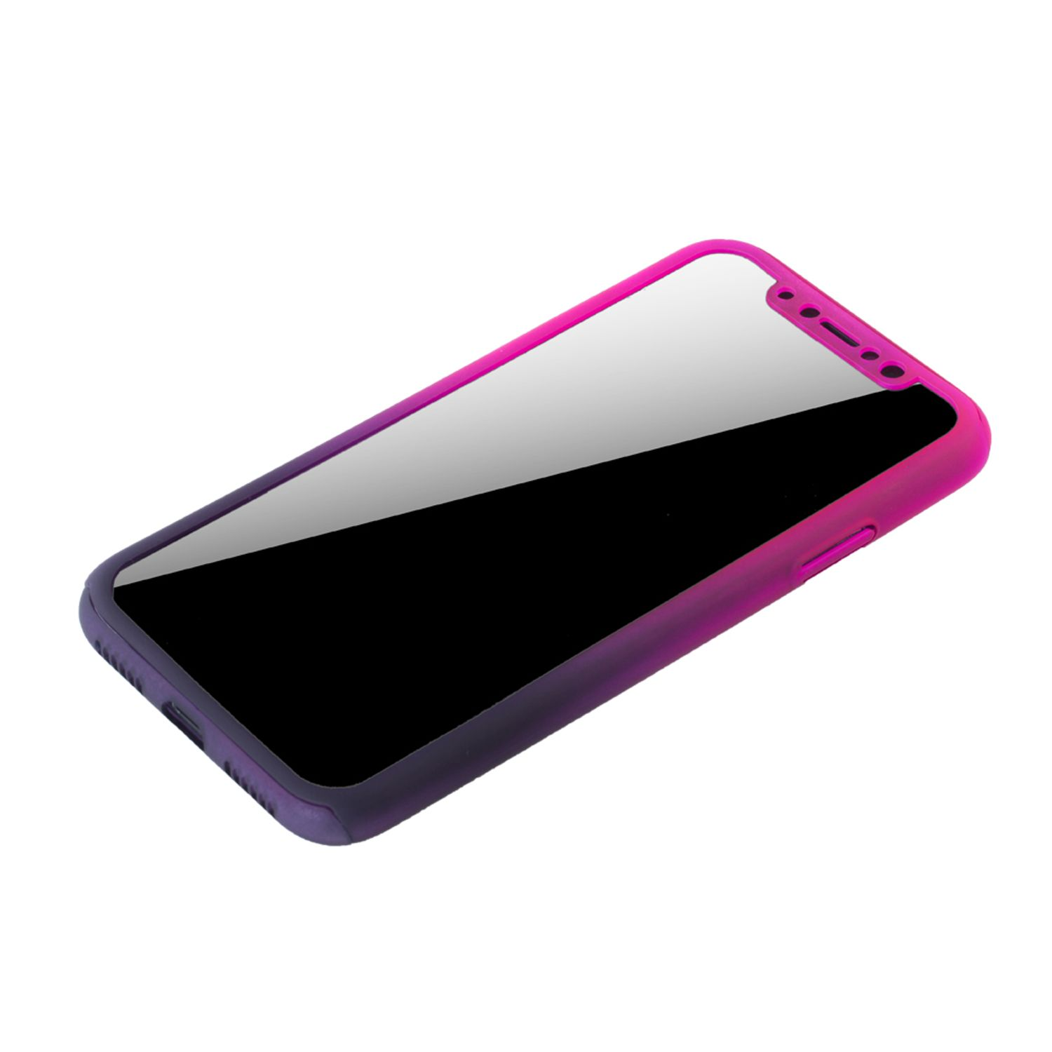 Ein Telefon in einem Gehäuse mit einem Farbverlauf von Pink und Lila. Der Bildschirm ist schwarz.