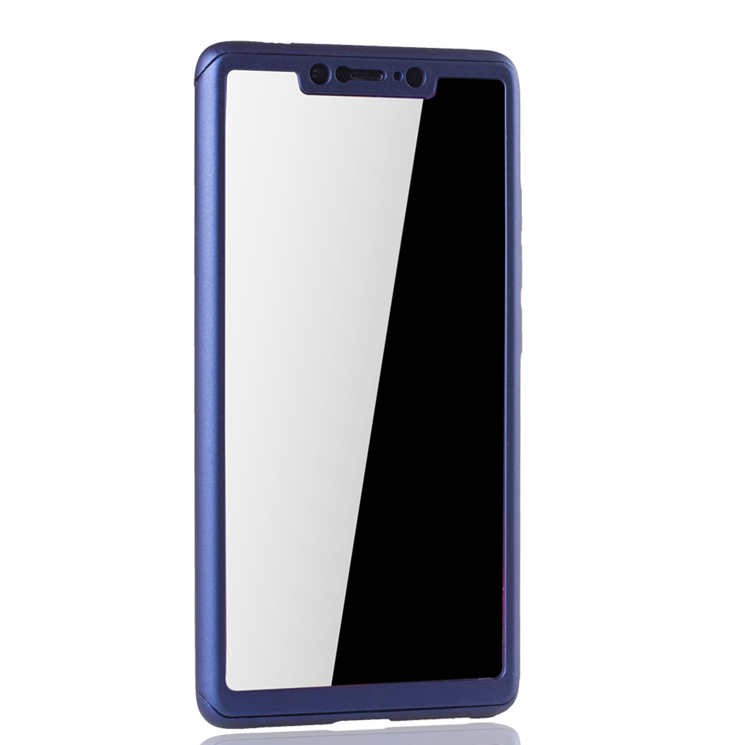 Blauer Displayschutz für das Telefon. Der Schutz befindet sich auf weißem Hintergrund mit blauem Rahmen.