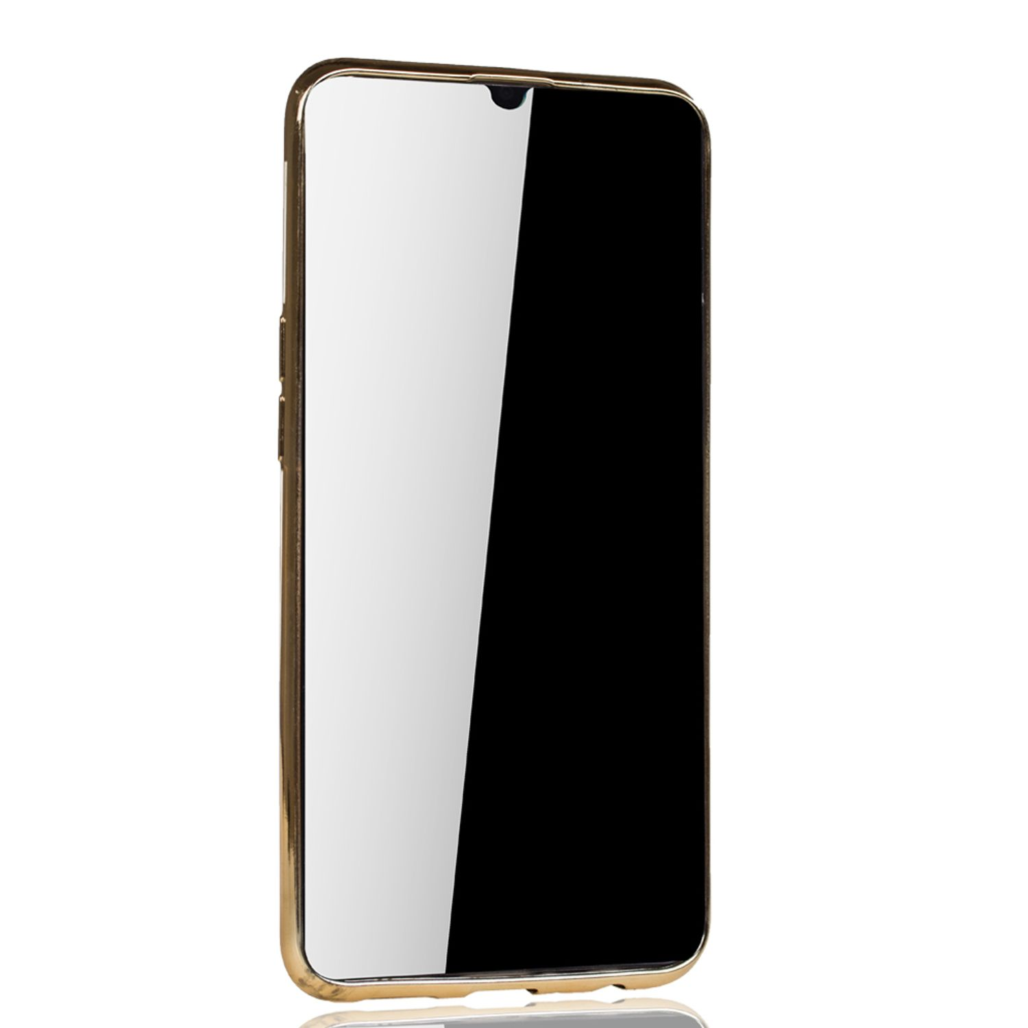 Ein Telefon in einer goldfarbenen Hülle mit schwarzem Bildschirm. Das Telefon befindet sich auf weißem Grund.
