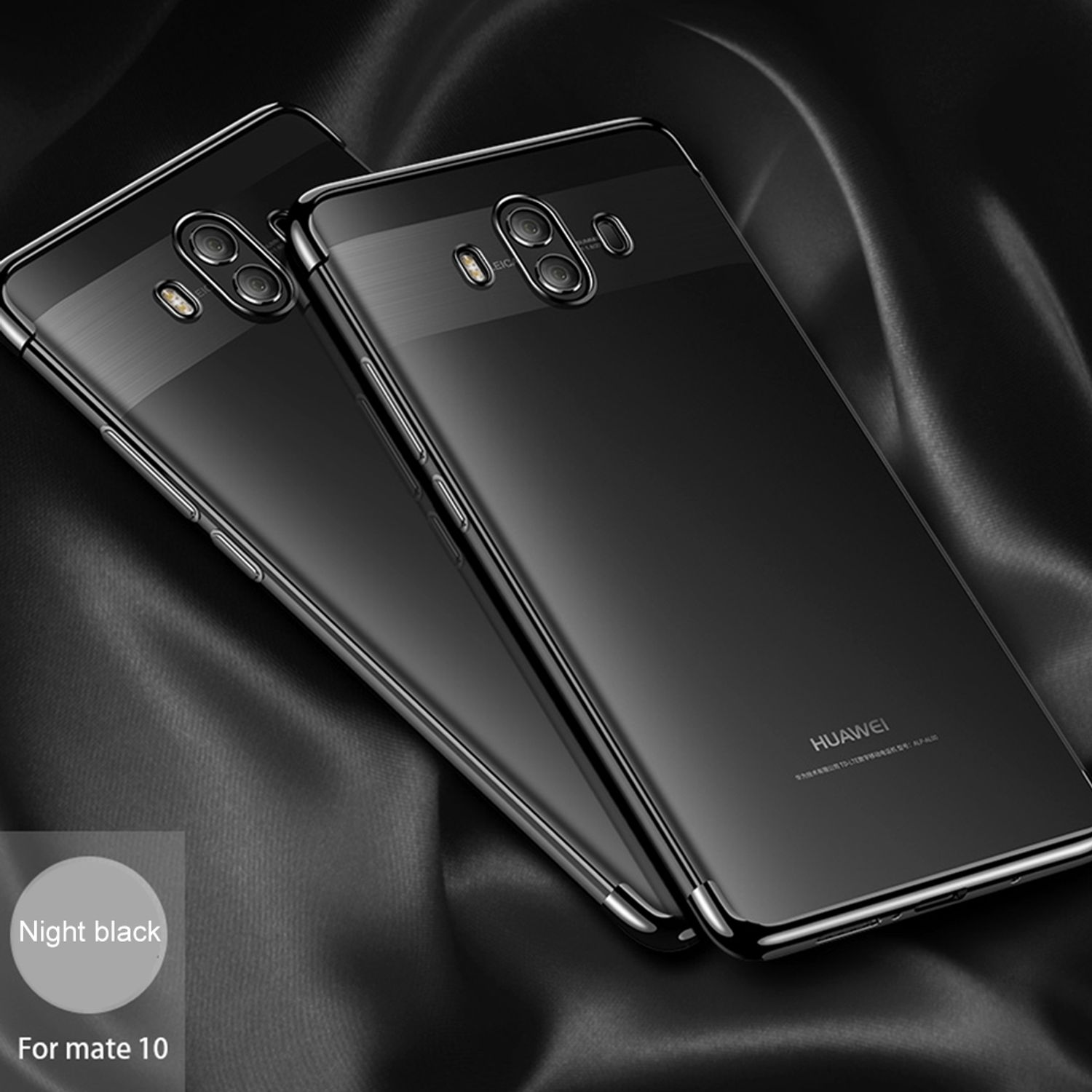 Nachtschwarze Telefonhüllen. Zwei Telefone in Schwarz, glänzend, mit Dual-Kameras. Gekennzeichnet für Mate 10.