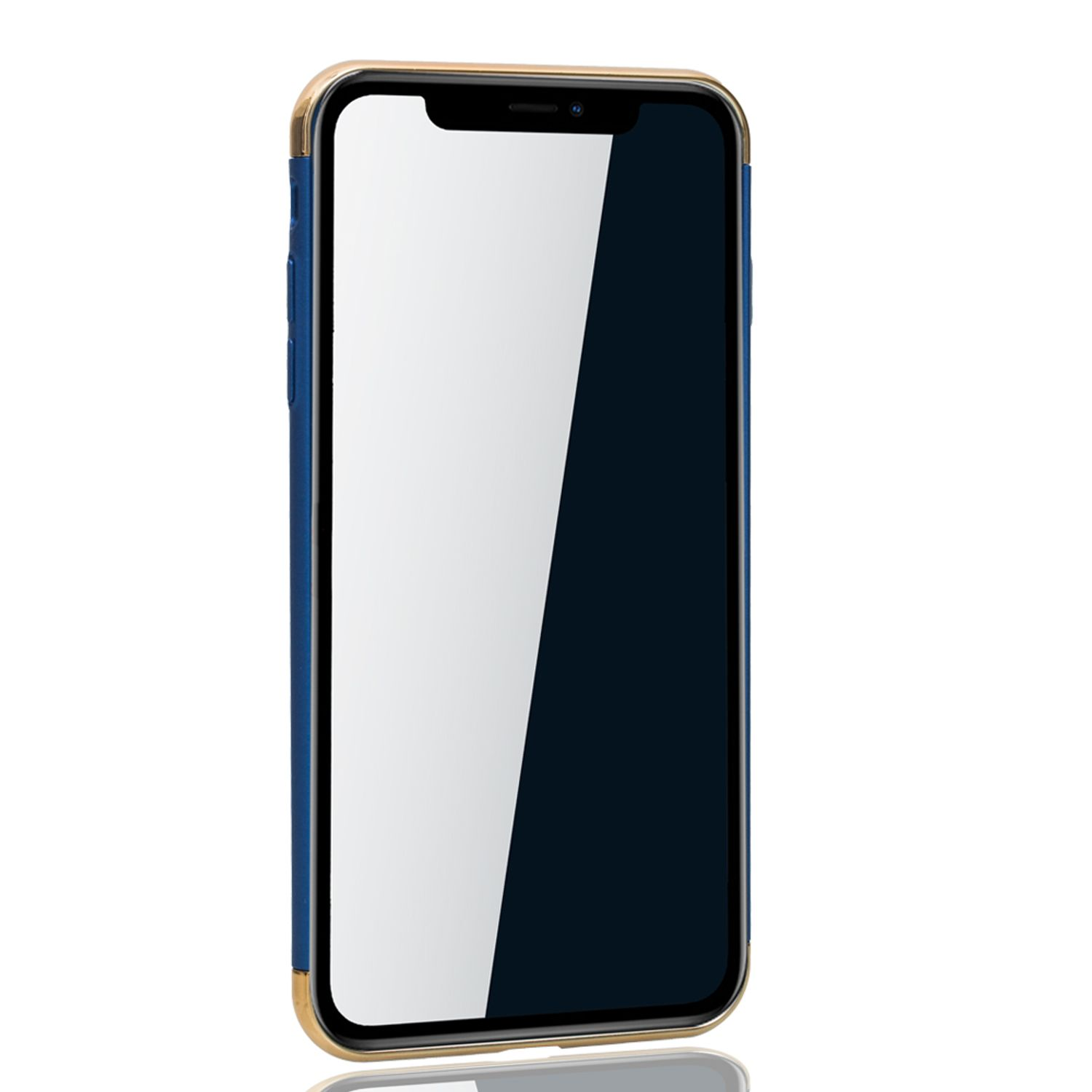 Smartphone in blau-goldener Hülle, Bildschirm an.