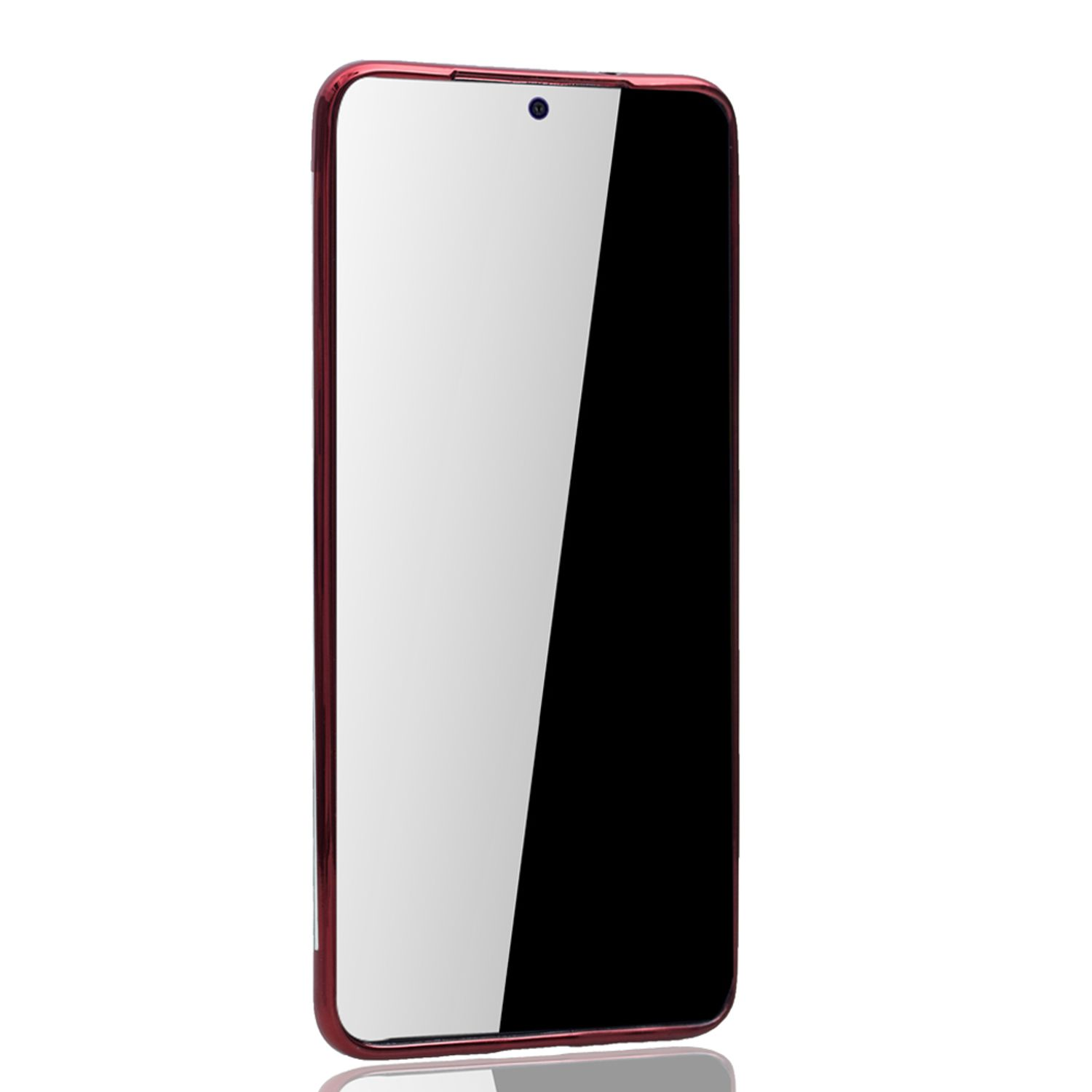 Rotes Smartphone mit klarem Bildschirm. Roter Rahmen. Weißer Hintergrund.